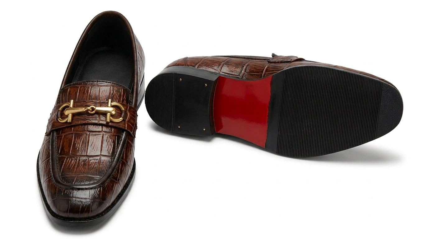 Men's Brown Croc-Pattern Horsebit Loafers with Block Heel UK10 - Image 3