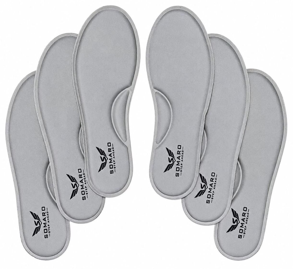 Somaro Memory Foam Shoe Insoles for Men and Women | Soft Cushioned Inserts for Long Standing and Walking | Supports Heel and Arch | Shock Absorbing | Moisture Absorbing | Lightweight Washable Insoles for All Shoes | 3 Pair | Grey | Size 9