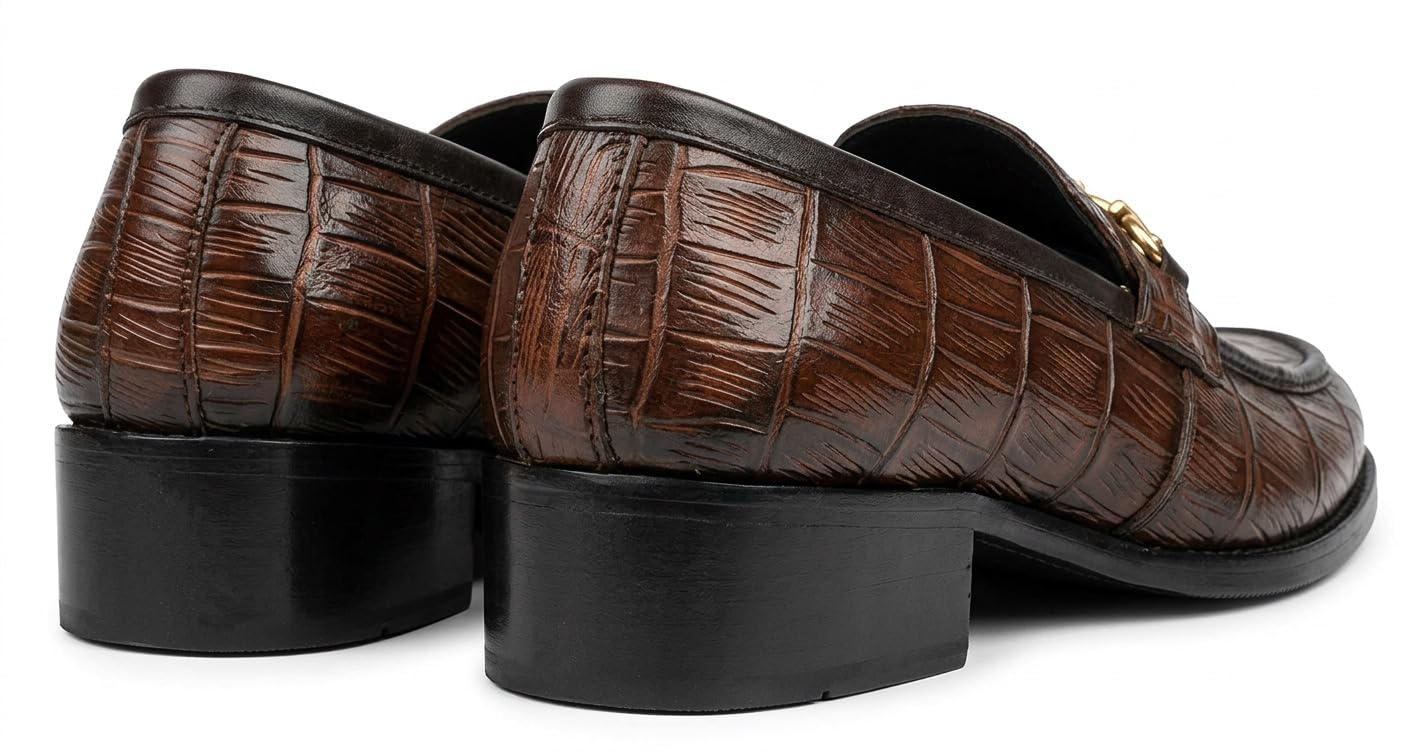 Men's Brown Croc-Pattern Horsebit Loafers with Block Heel UK10 - Image 4