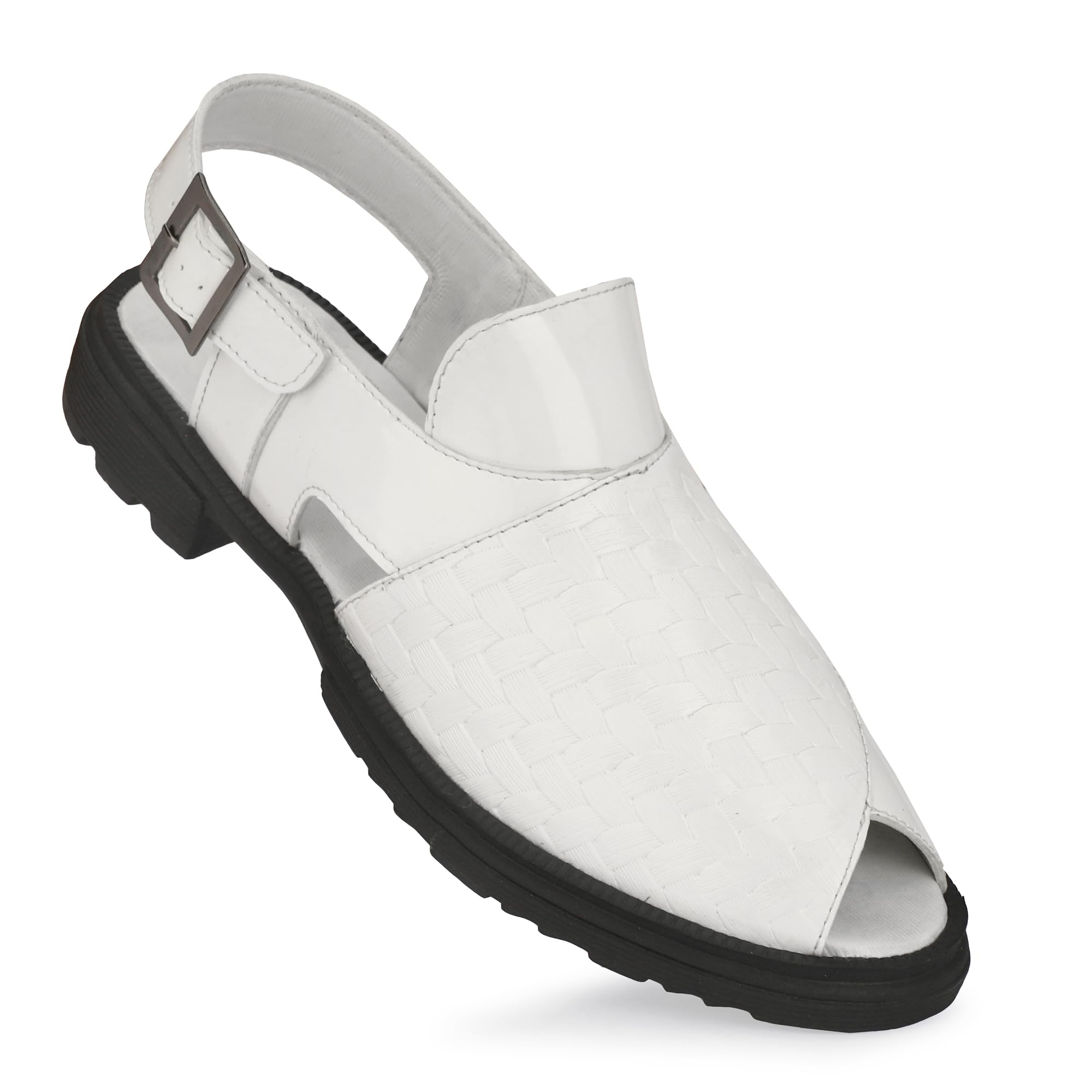 AR Deals Men's White Leather Sandal with Adjustable Buckle Strap | Comfortable Casual Open Toe Footwear 10 (UK/India)