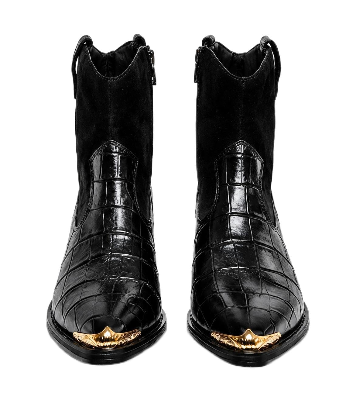Men's Black Croc-Pattern Ankle Boots with Gold Toe Cap UK9