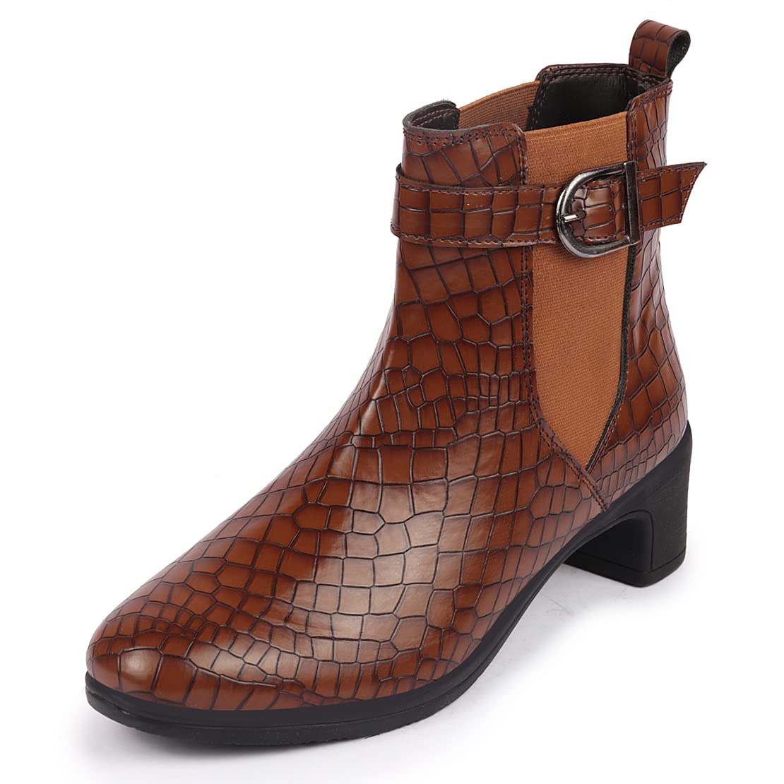 FST KI-251 TAN-39 Women's Tan Flared Heel High Ankle Leopard Print Embossed Winter Buckle Strap Chelsea Boots