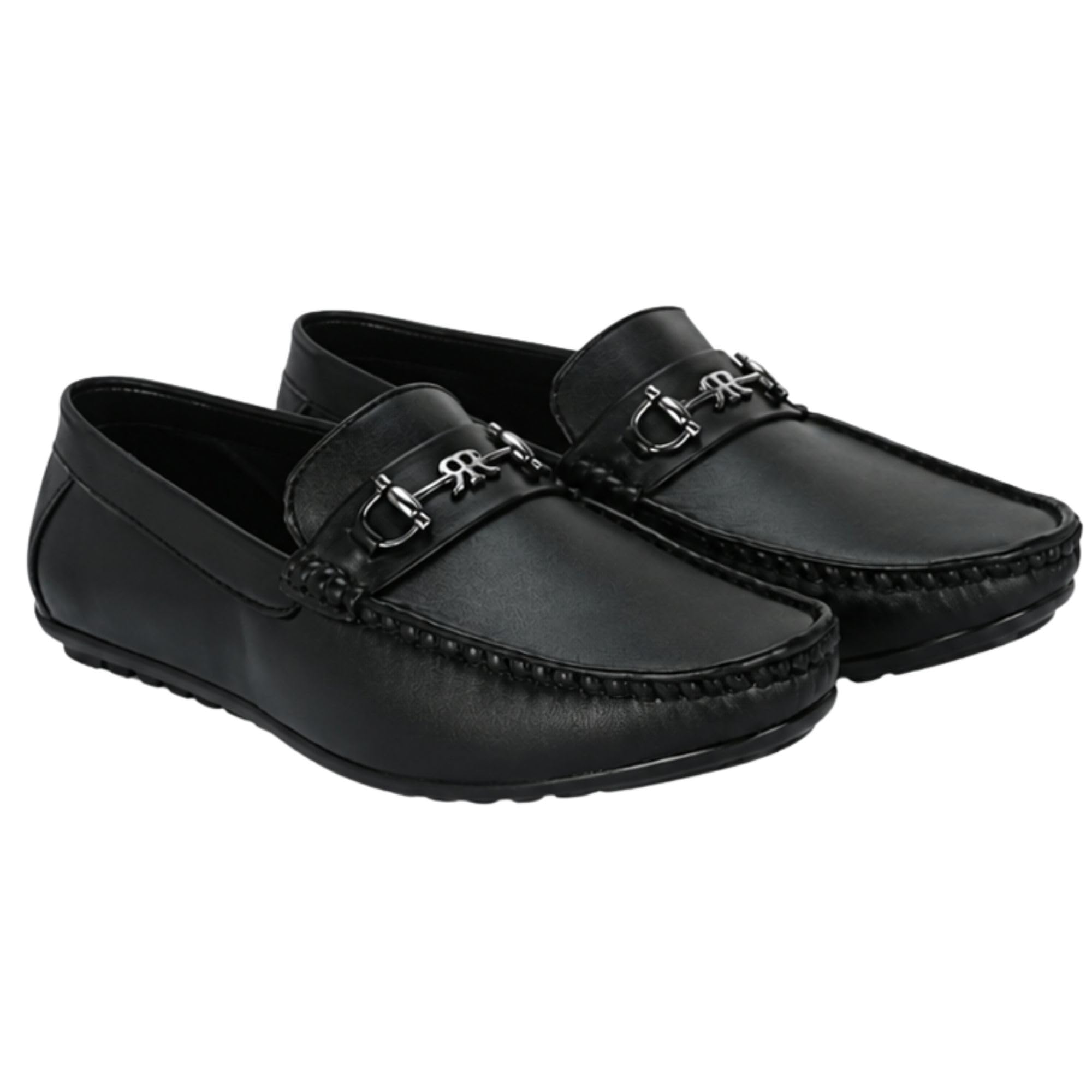 Men’s Synthetic Upper & PU Sole Slip On Casual Black Loafers with Front Metal Buckle (Black-10)