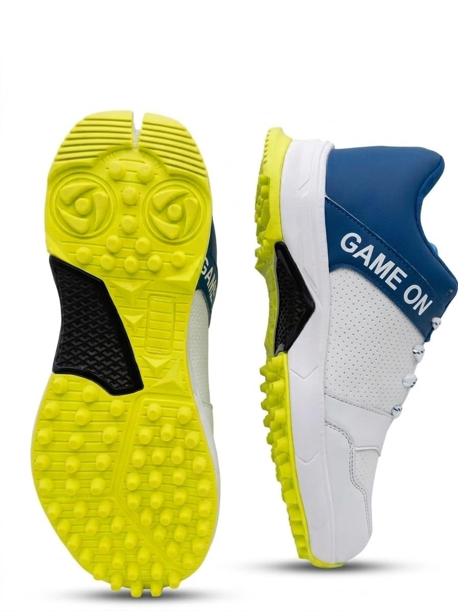 Avisa Ace Cricket Shoes for Men, White, Blue and Yellow, Rubber Studded Outsole, Lace Up, Arc Support