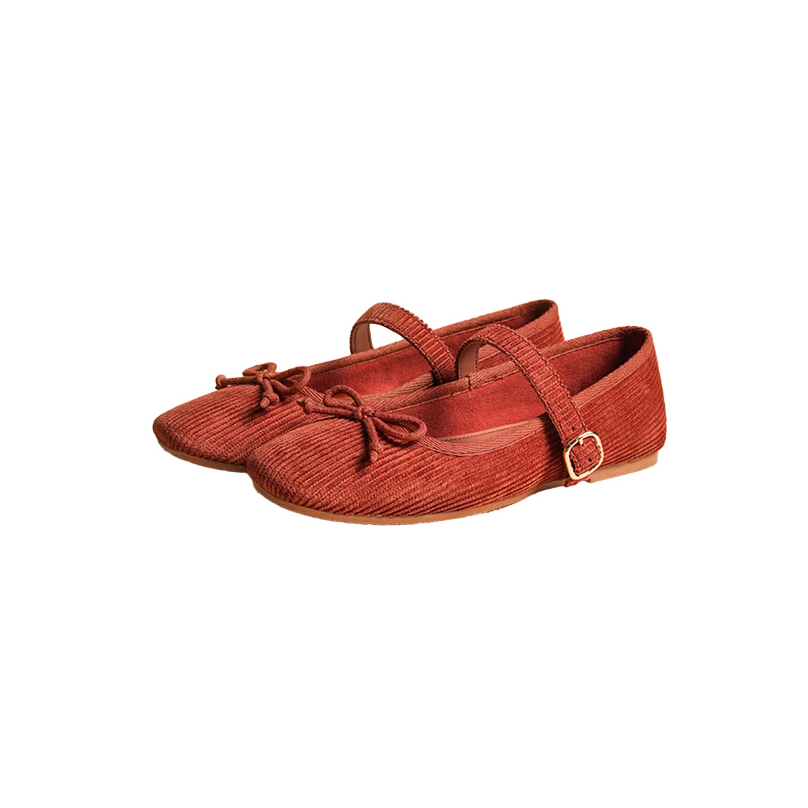 Dorothy Casual Ballet Flats in Corduroy Rust for Women | Stylish Mary Jane Ballerina with Bow Detail | Lightweight Comfortable Footwear with Cushioned Insole