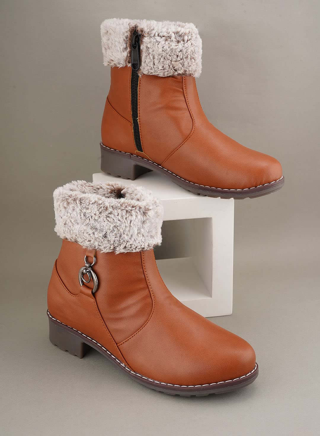 Walkfree Women Patent Leather Casual Tan Boots for Winter Wear - Image 7