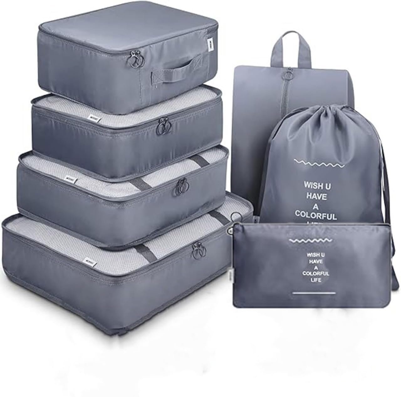 7 Pcs Travel Storage Organizer Bag Set | Foldable Packing Cubes with Zippers for Clothes, Shoes & Toiletries | Waterproof Luggage Pouches for Men & Women | Grey