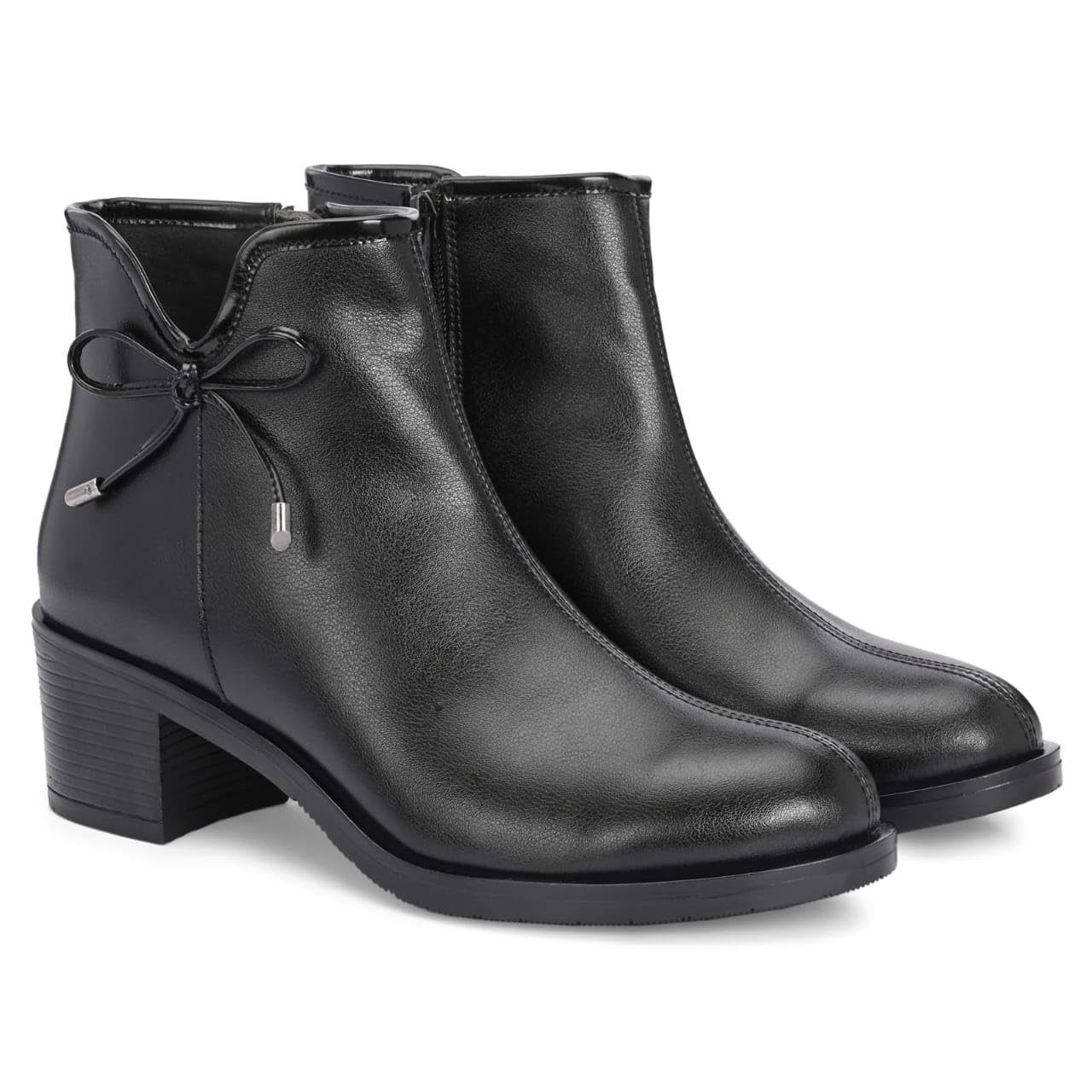 Women's Faux Leather Ankle Boots with Side Zip & Bow Accent | Round Toe Block Heel Short Boots | Lightweight Comfortable Winter Booties for Daily Wear, Office, Travel & Party