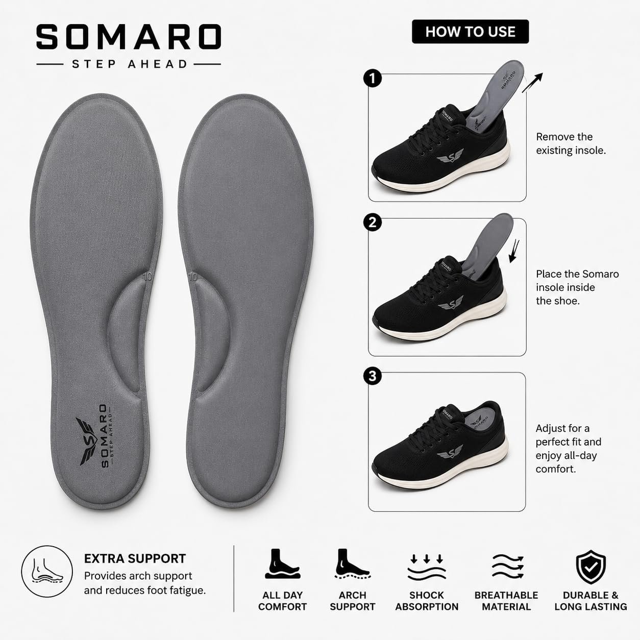 Somaro Memory Foam Shoe Insoles for Men and Women | Soft Cushioned Inserts for Long Standing and Walking | Supports Heel and Arch | Shock Absorbing | Moisture Absorbing | Lightweight Washable Insoles for All Shoes | 3 Pair | Grey | Size 9 - Image 3