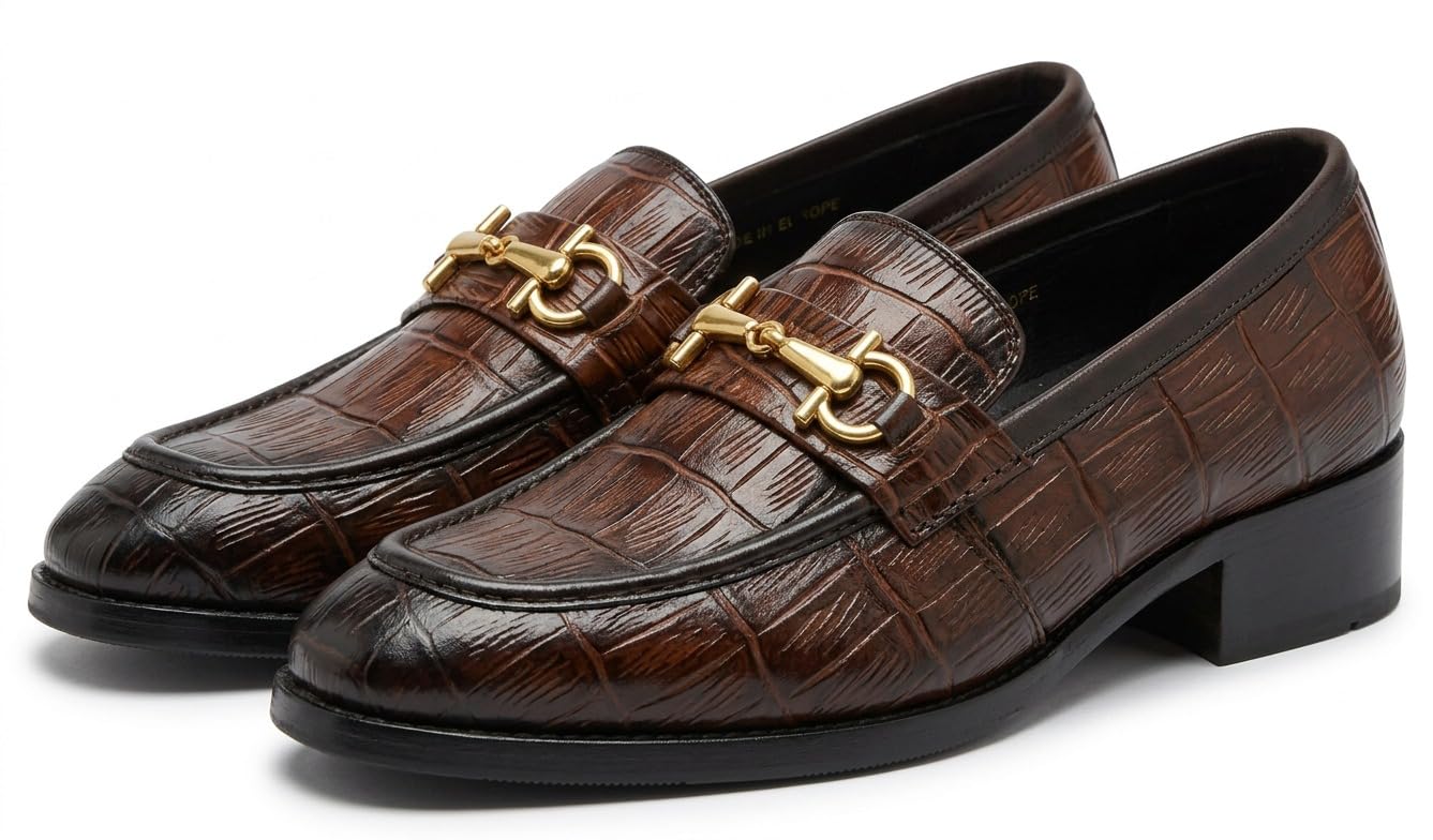 Men's Brown Croc-Pattern Horsebit Loafers with Block Heel UK10
