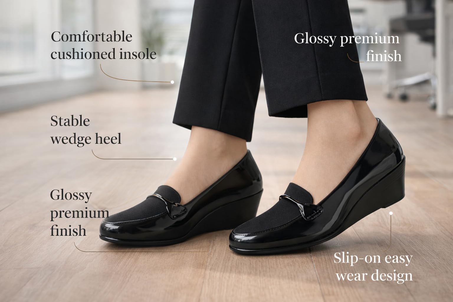 Hey LaVida Women's Wedge Heel Loafer, Black, Glossy Finish, Cushioned Insole, Slip-On for Office & Casual Wear