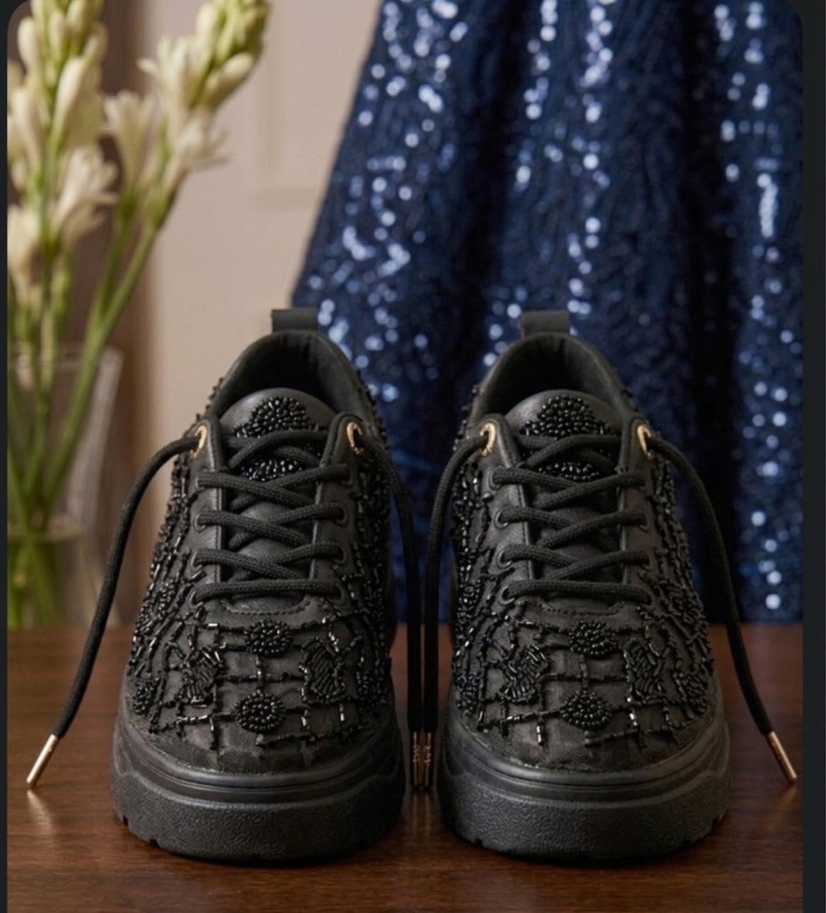 Women's Heavy Embellished Chunky Sneakers - Ethnic Sequins & Bead Work Platform Shoes for Weddings, Parties (Black, UK Footwear Size System, Adult, Women, Numeric, Medium, 6)