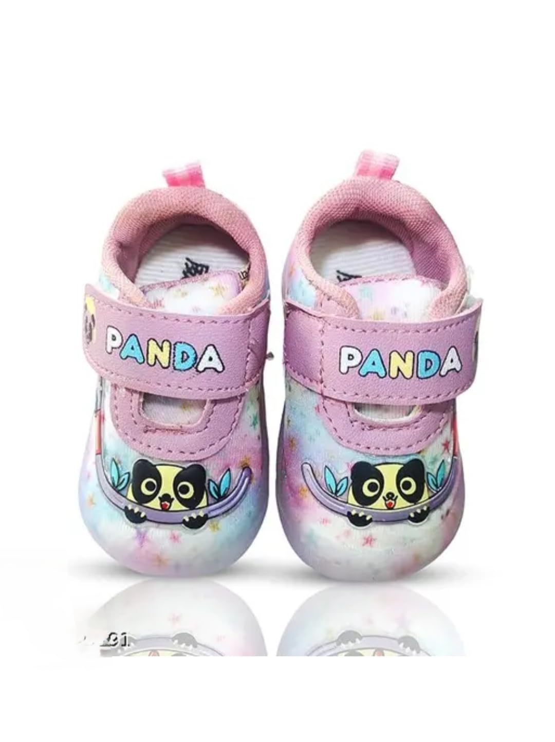 Kids Light-Up Sneakers with Panda Design, Pink Straps, LED Multicolour Lights, Tie-Dye Pattern (Onion, UK Footwear Size System, Toddler, Age Range, Medium, 12 Months, 15 Months)