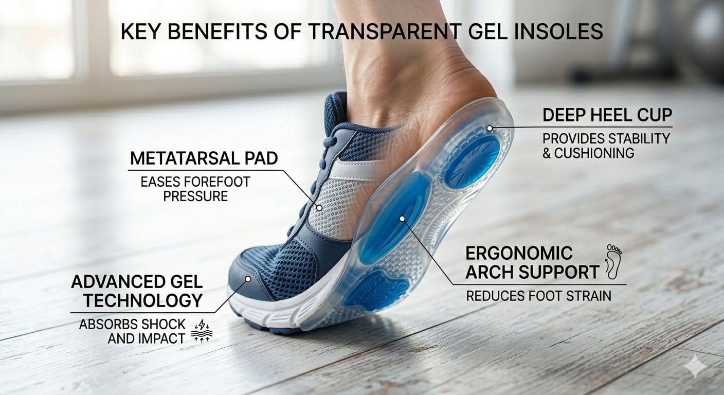 Transparent Gel Insoles for Men & Women | Ergonomic Arch Support | Deep Heel Cup & Metatarsal Pad | Shock Absorbing Cushion Inserts for All-Day Comfort - Image 3