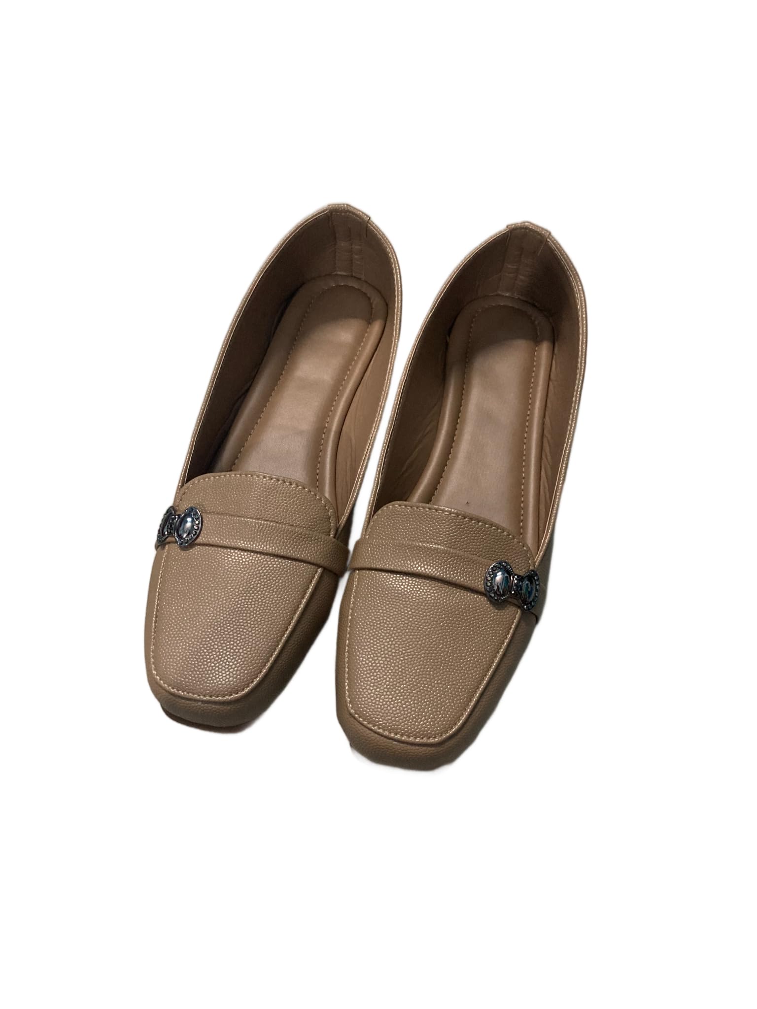 Classic Women's Loafer Flats with Silver Jewel Embellishment, Square Toe, Black, Tan, Brown (TAN, UK Footwear Size System, Adult, Women, Numeric, Medium, 5)
