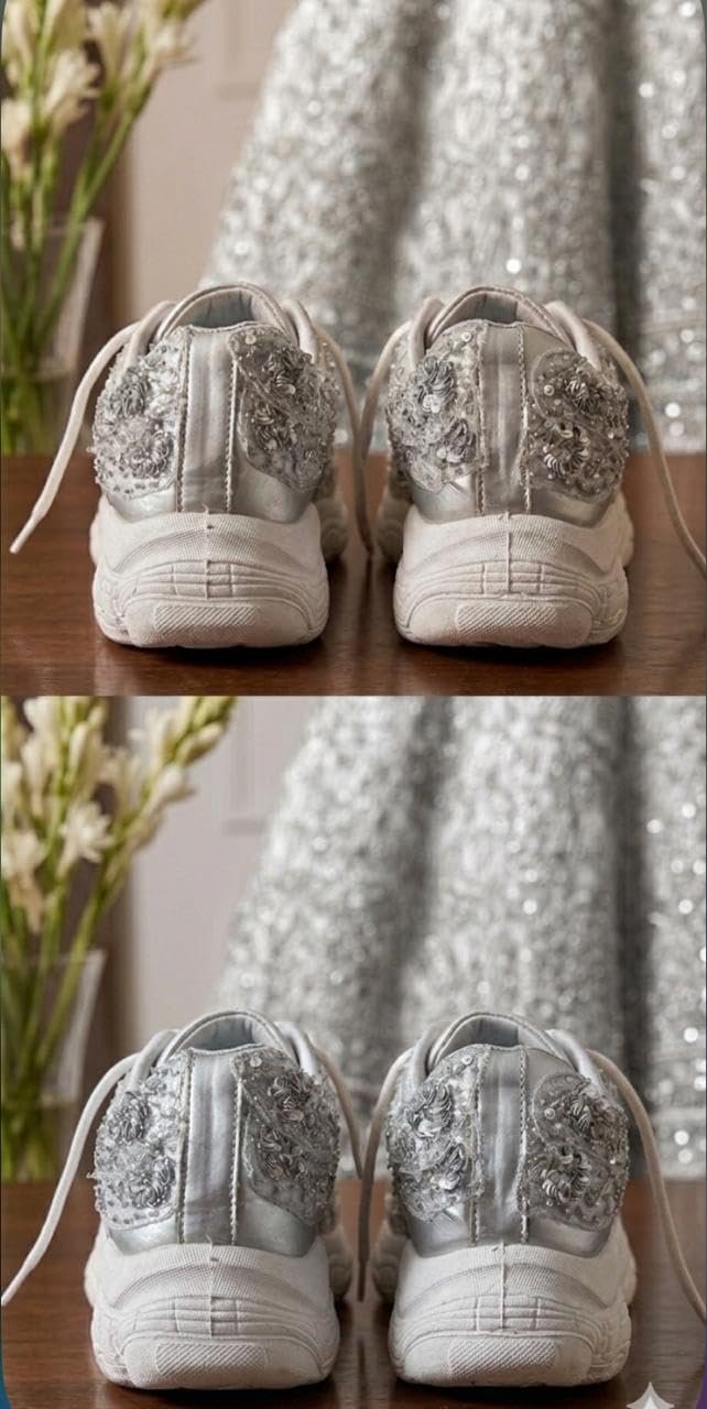 Women's Heavy Embellished Chunky Sneakers - Ethnic Sequins & Bead Work Platform Shoes for Weddings, Parties (Silver, UK Footwear Size System, Adult, Women, Numeric, Medium, 5)