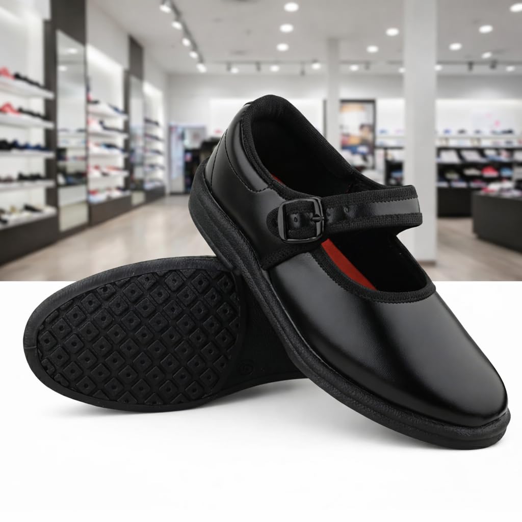 Girls Black School Shoes | Buckle Strap | Lightweight Comfortable School Footwear | Anti-Slip Sole Formal Shoes for Kids & Students (Black, UK Footwear Size System, Adult, Women, Numeric, Medium, 6)