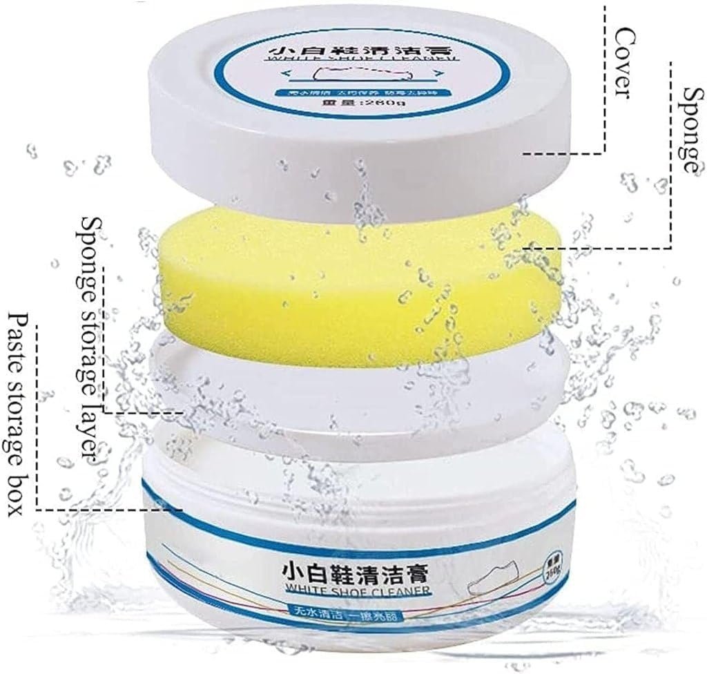 White Shoe Cleaning Cream with Sponge (260g) | No-Wash Sneaker Cleaner | Removes Stains, Yellowing & Dirt | Multipurpose Cleaner for Leather, Sports Shoes, Soles & Bags