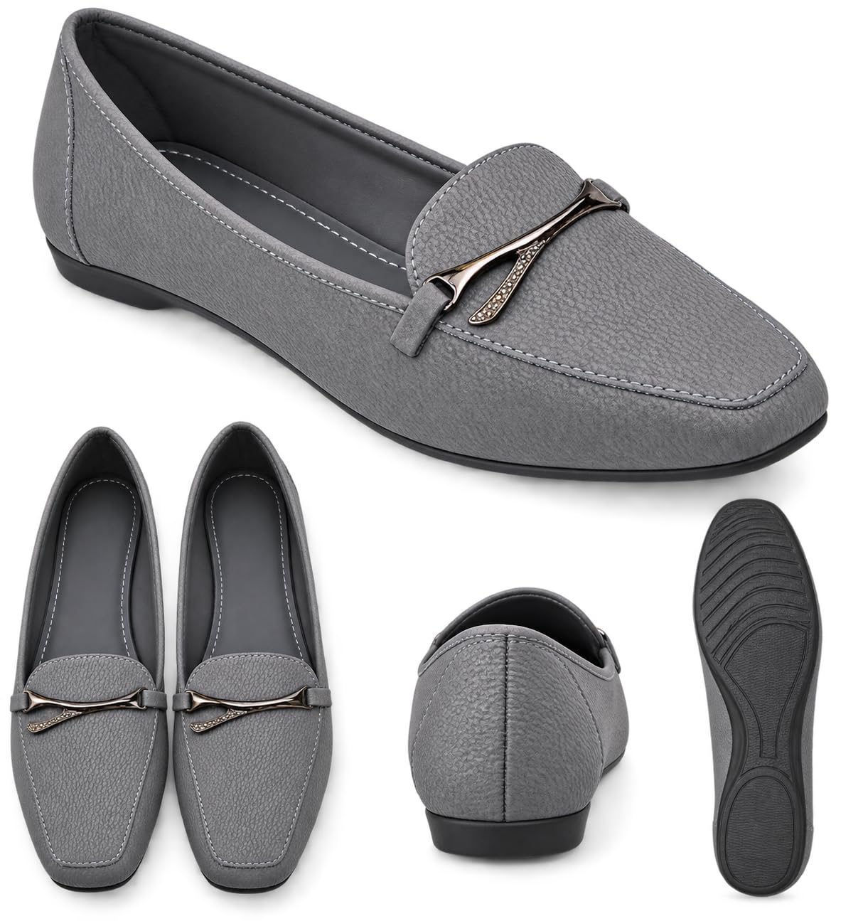 Kaosiss Women's Grey Loafers with Metallic Detail Flat Slip-On