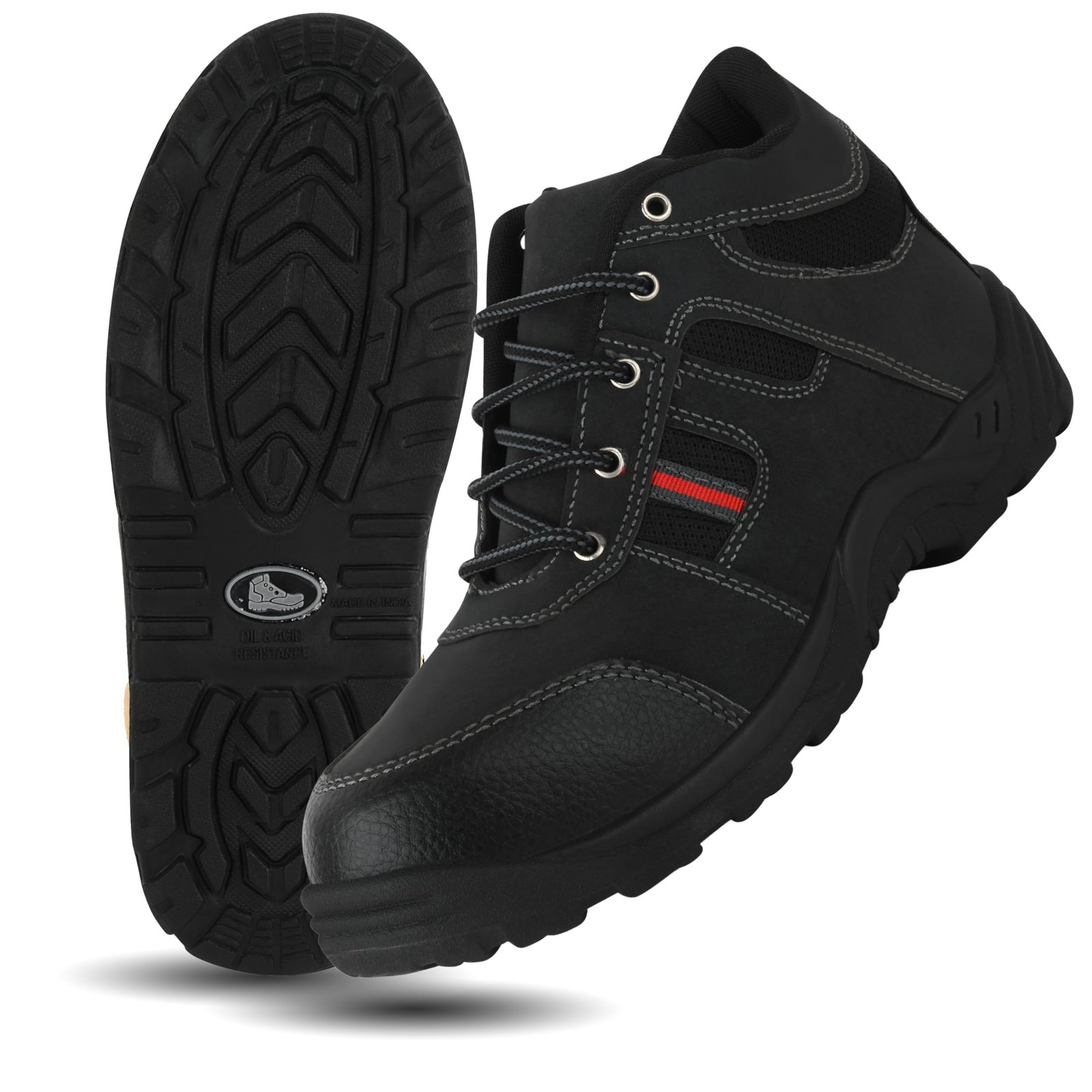 Black Lace-up Steel Toe Shoes for Construction and Factory Work ||Safety Shoes for Men (Black, Medium, UK Footwear Size System, Adult, Men, Numeric, Medium, 8)
