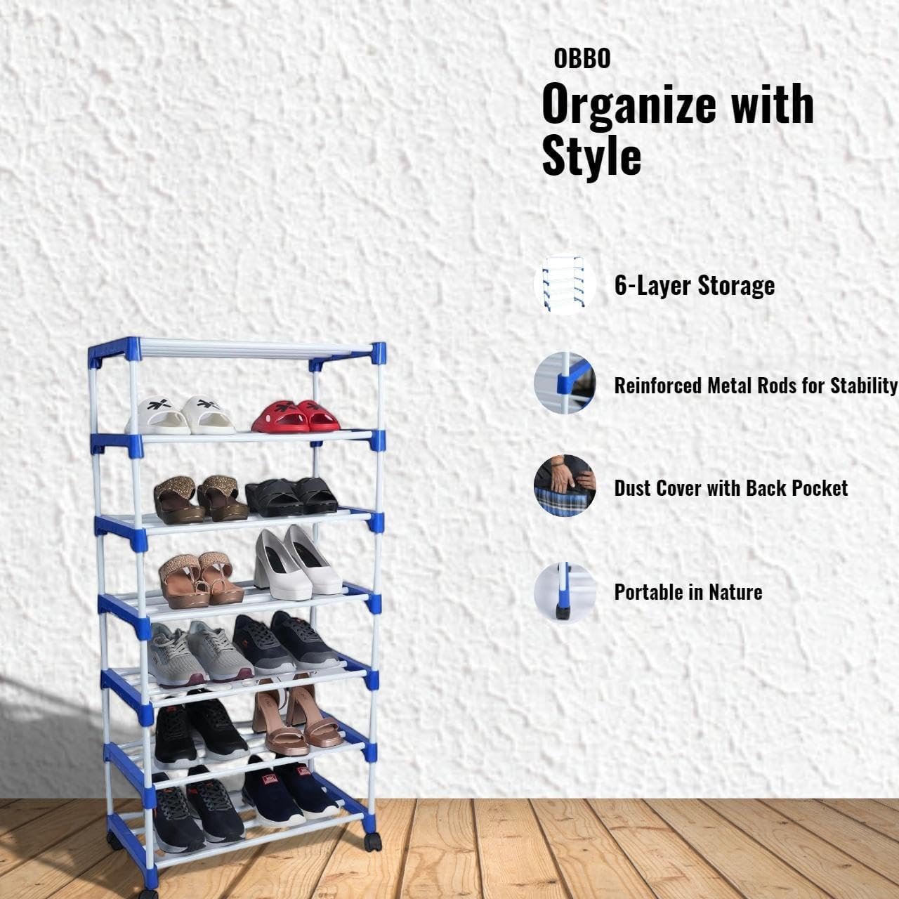 Multipurpose 6-Layer Shoe Rack Organizer with Wheels & Dustproof Zip Cover | Portable Smart Storage Rack for Shoes, Bags & Accessories | Easy to Move, Metal & Plastic Construction, Multicolour - Image 4