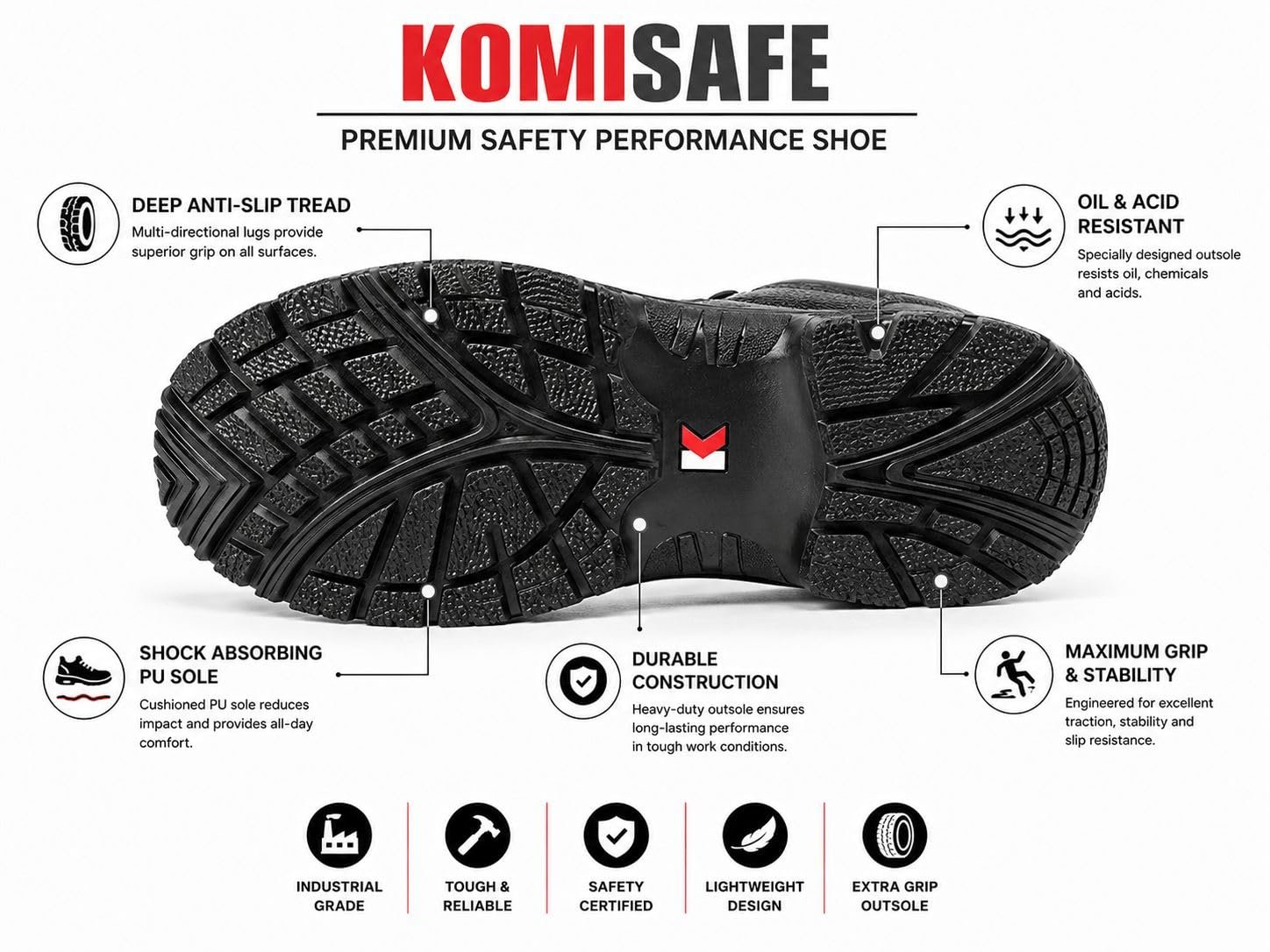 KOMISAFE Steel Toe Safety Shoes for Men | Anti Slip PU Sole | Shock Absorbing Work Shoes | Oil and Acid Resistant | Lace Up Industrial Safety Footwear | Black - Image 3