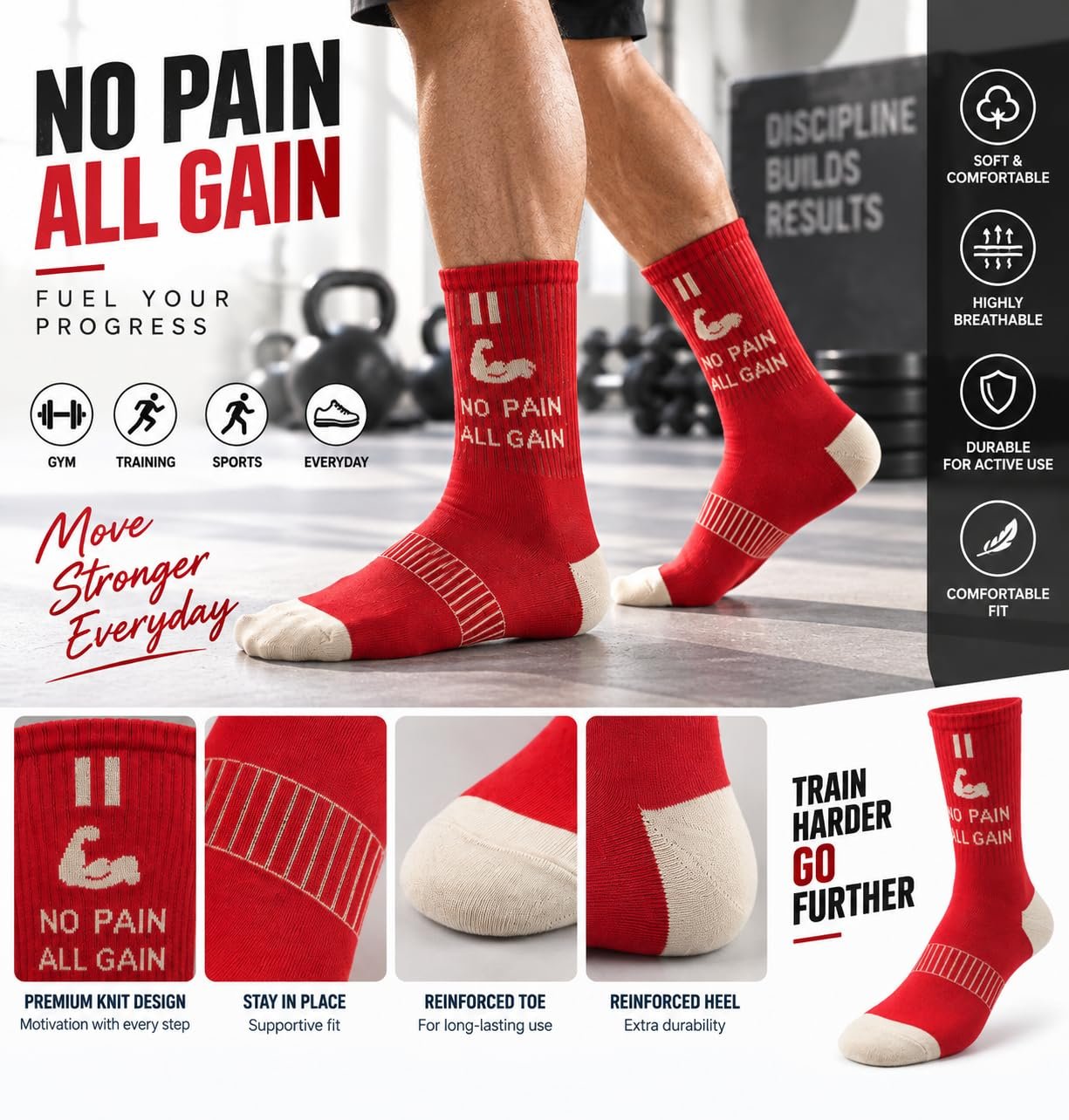 Shocks bazar No Pain All Gain Red Cotton Gym Socks Pack of 3, Long Length - Image 2