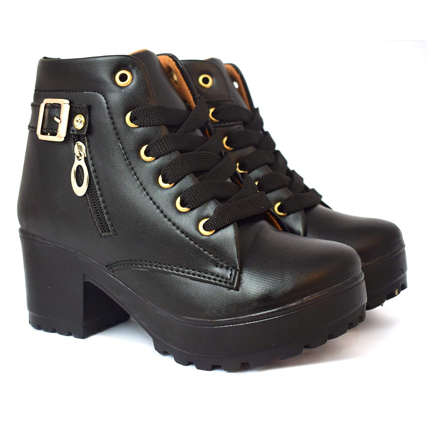 Women's Tan Buckle Faux Leather Boots-LS17-Black-38