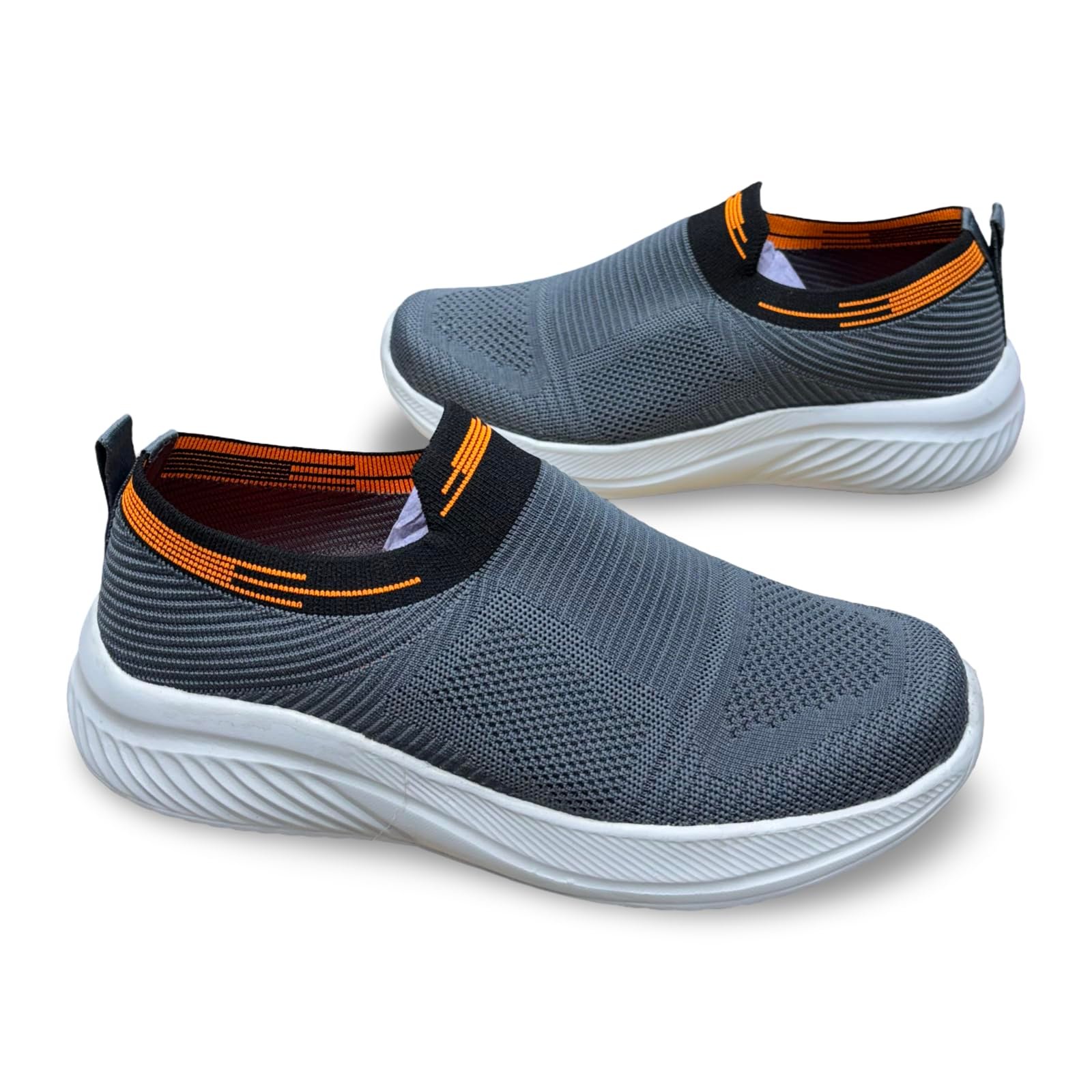 Slip-On Knit Sports Shoes, Grey with Orange Accents, Lightweight Mesh Upper, White Cushioned Sole (Grey, UK Footwear Size System, Adult, Men, Numeric, Medium, 7)