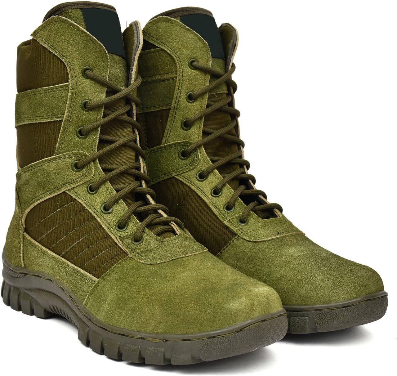 Military Tactical Combat Boots, High Ankle Lace-Up with Hook and Loop Strap, Suede and Canvas, Olive Green and Beige (Mehndi, Standard, UK Footwear Size System, Adult, Men, Numeric, Medium, 10)