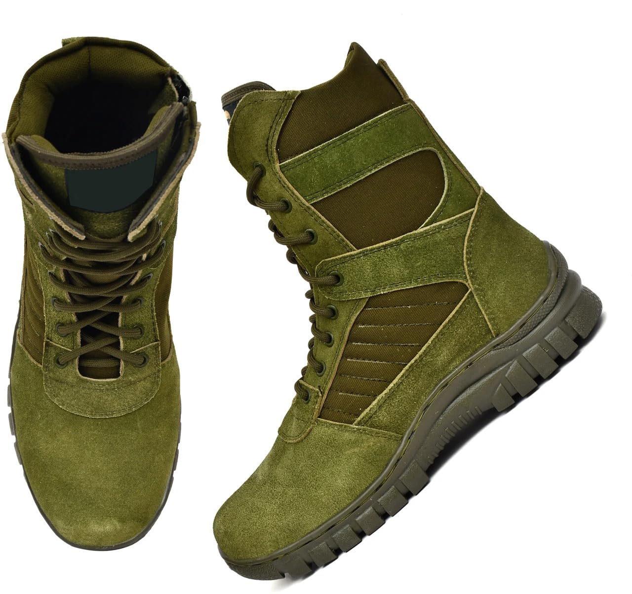 Military Tactical Combat Boots, High Ankle Lace-Up with Hook and Loop Strap, Suede and Canvas, Olive Green and Beige (Mehndi, Standard, UK Footwear Size System, Adult, Men, Numeric, Medium, 10) - Image 5