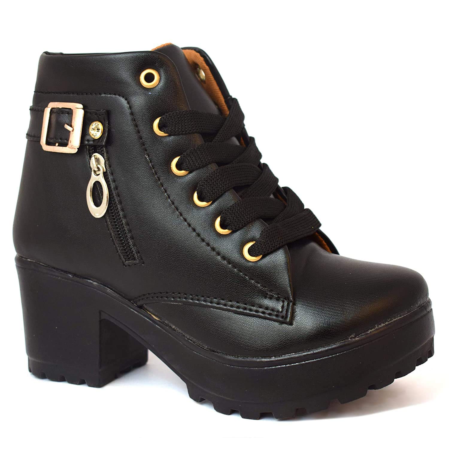 Women's Tan Buckle Faux Leather Boots-LS17-Black-38 - Image 2