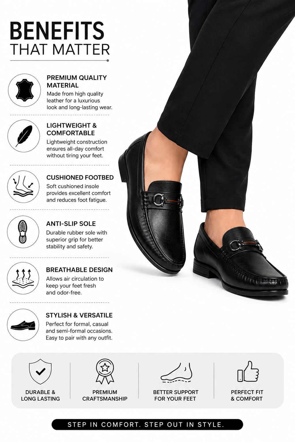 Men's Black Leather Slip-On Loafers with Horsebit Buckle - Image 3