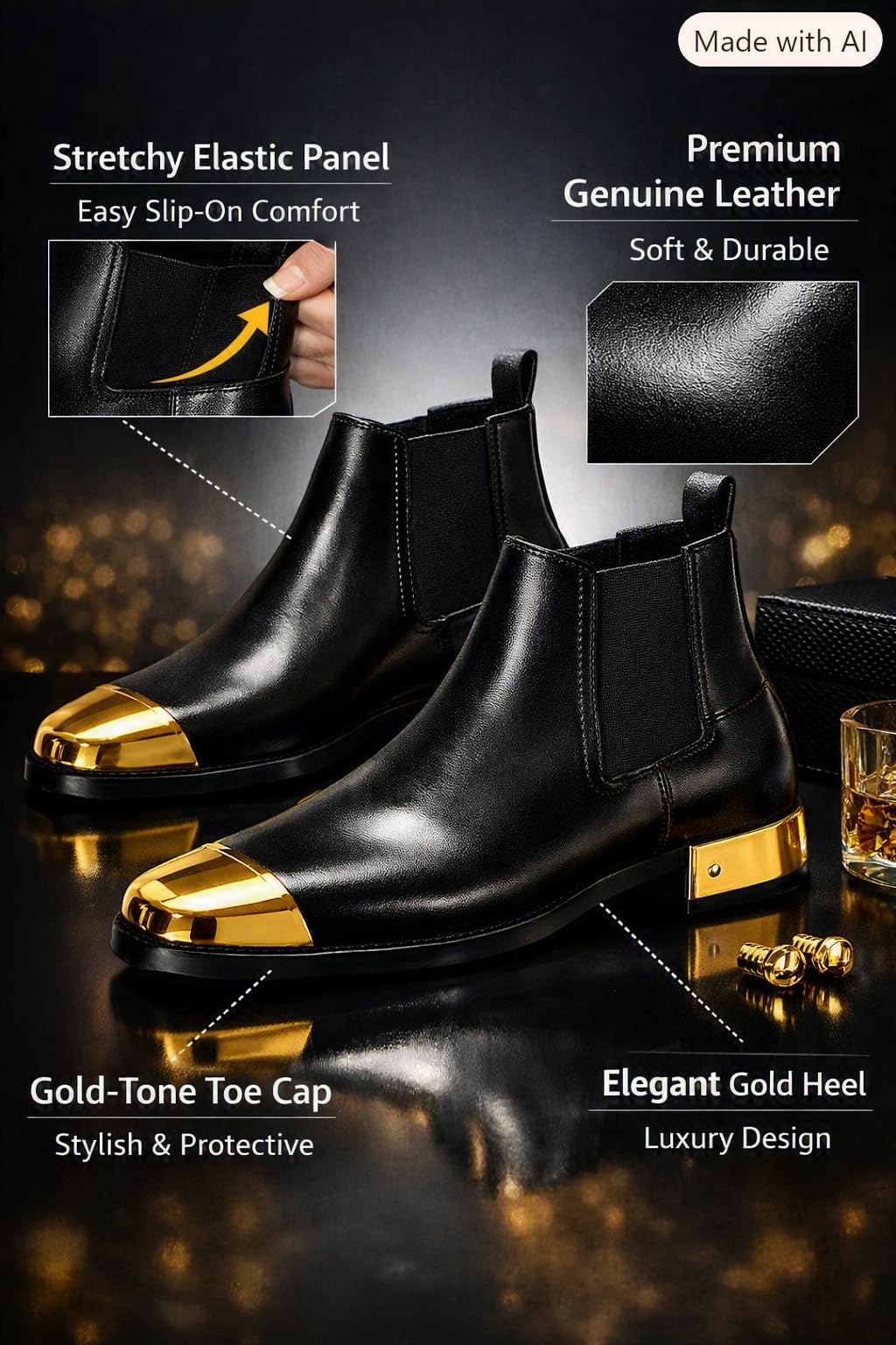 Black Chelsea Boot with Gold Metal Toe Cap and Block Heel - Image 3