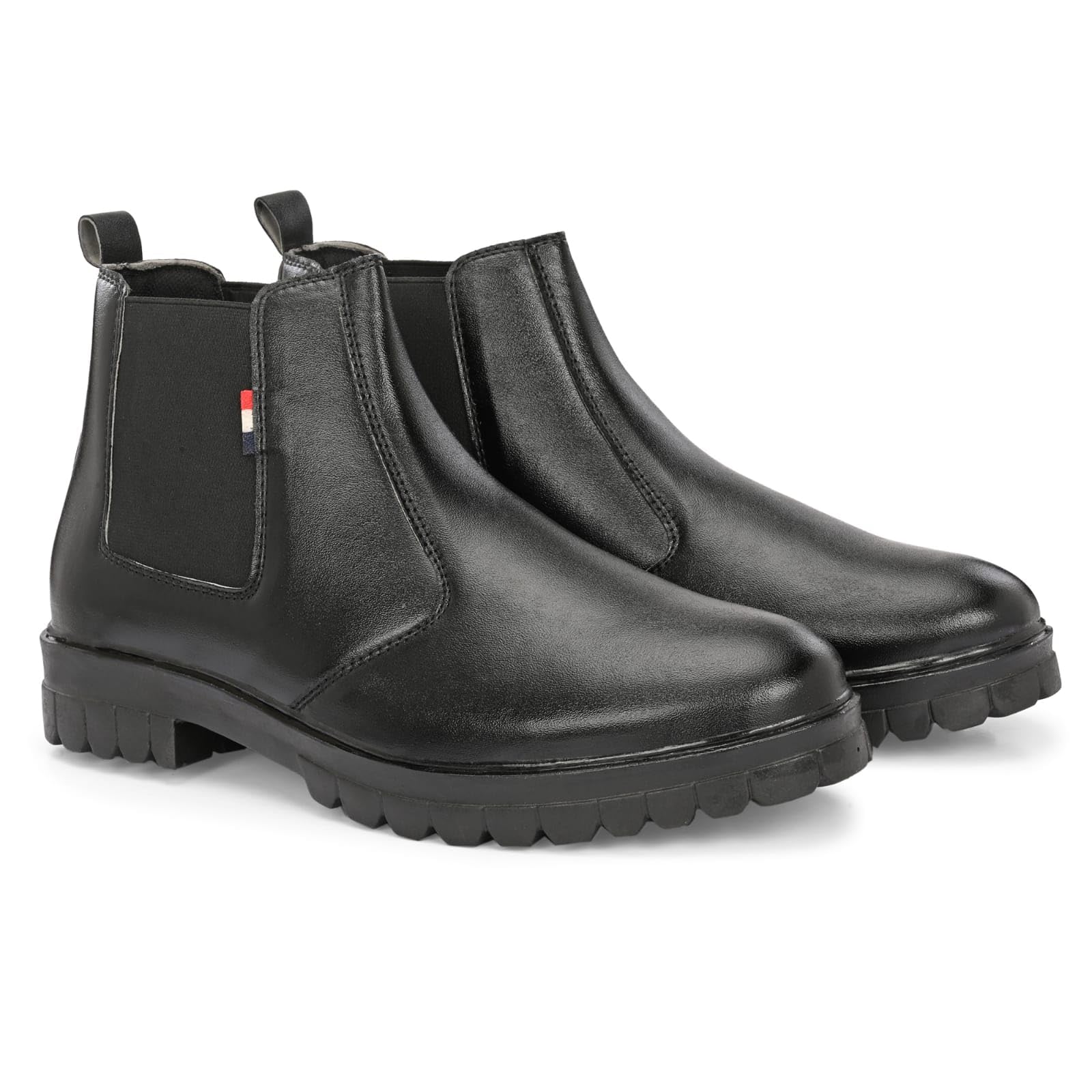 Men's Black Synthetic Leather Chelsea Boots with Grip Sole, Elastic Side Panel, Chunky Rubber Outsole (UK Footwear Size System, Adult, Men, Numeric, Medium, 6)