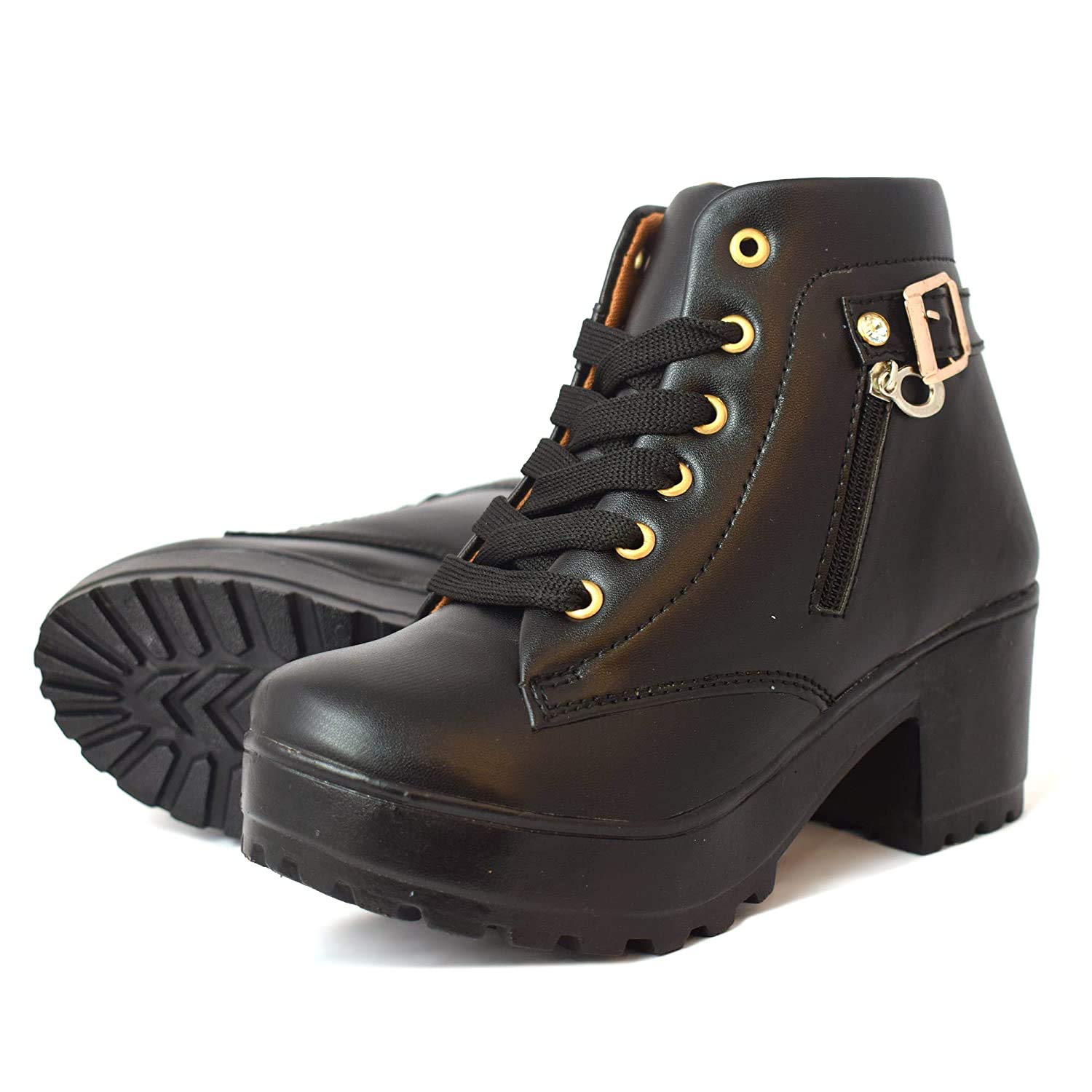 Women's Tan Buckle Faux Leather Boots-LS17-Black-38 - Image 4