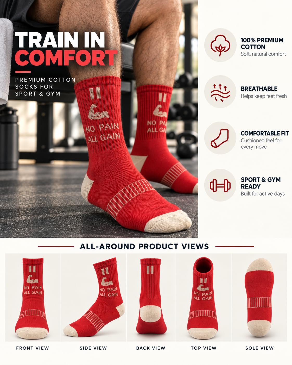 Shocks bazar No Pain All Gain Red Cotton Gym Socks Pack of 3, Long Length - Image 5
