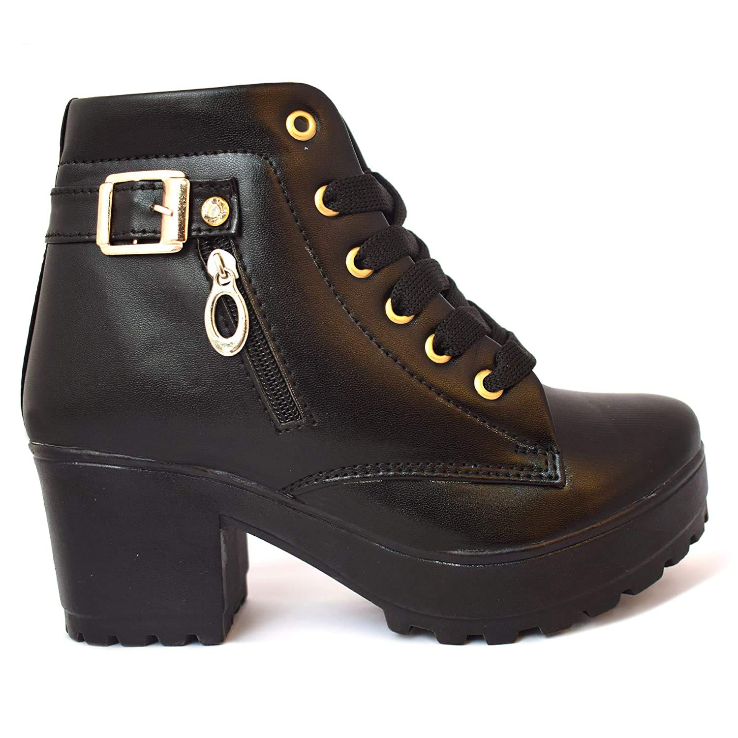 Women's Tan Buckle Faux Leather Boots-LS17-Black-38 - Image 3