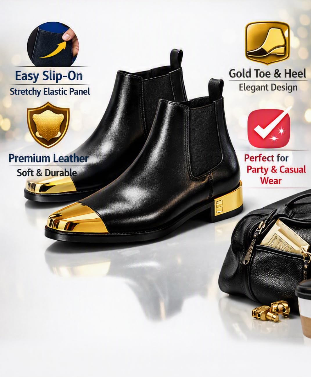 Black Chelsea Boot with Gold Metal Toe Cap and Block Heel - Image 5