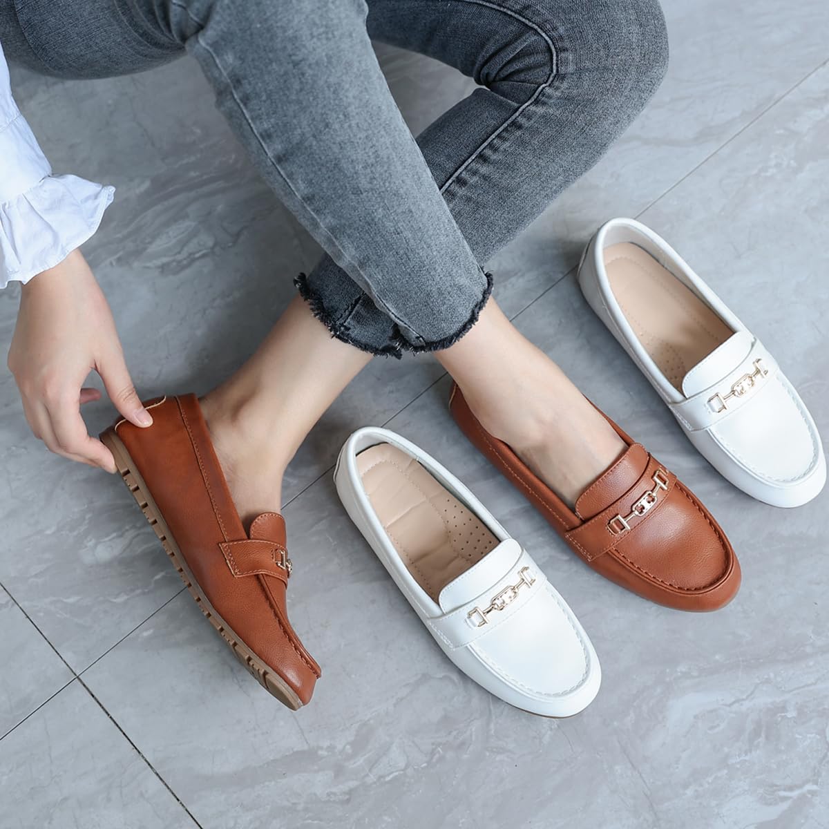 Loafers for Women Comfortable Slip On Flats with Memory Foam Insole for Daily Wearing, Brown Leather, 5.5 - Image 9