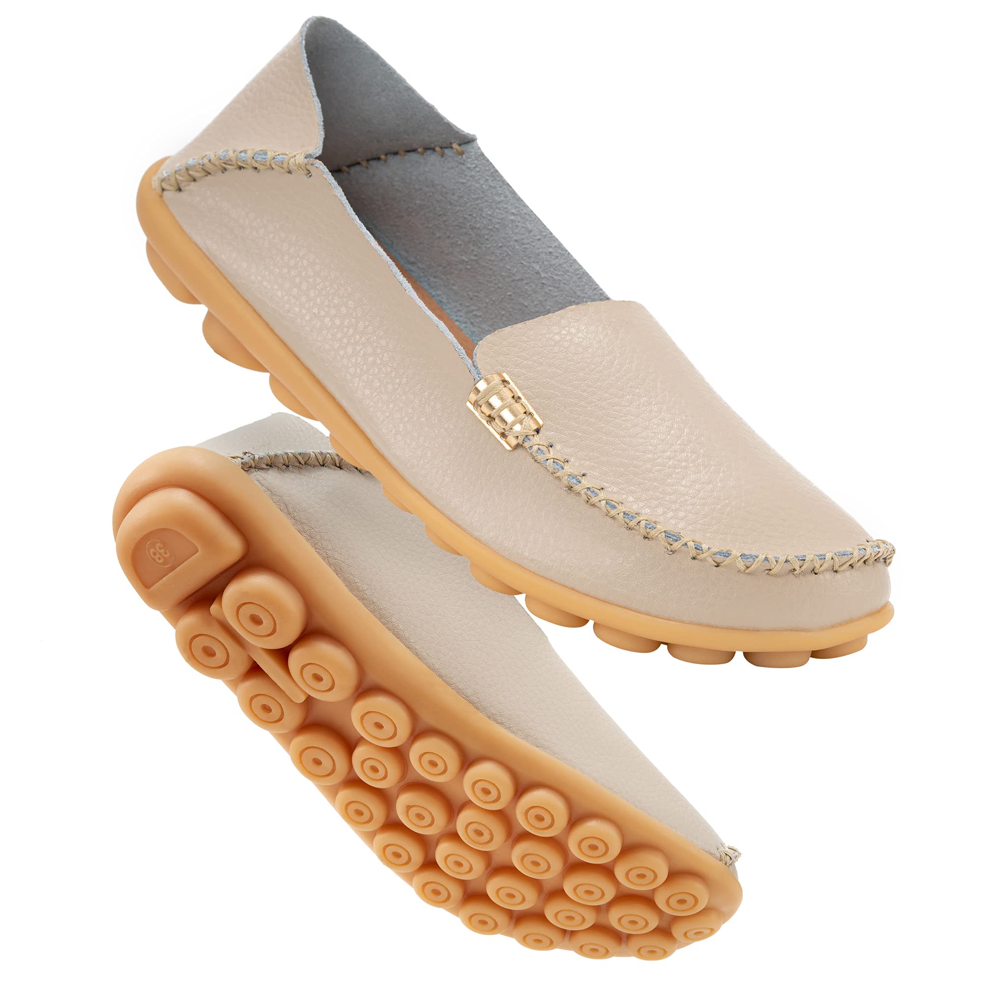 Fashion Brand Best Show Women's Comfortable Leather Loafers Casual Round Toe Moccasins Wild Driving Slip On Flats Fashion Comfortable Shoes Beige