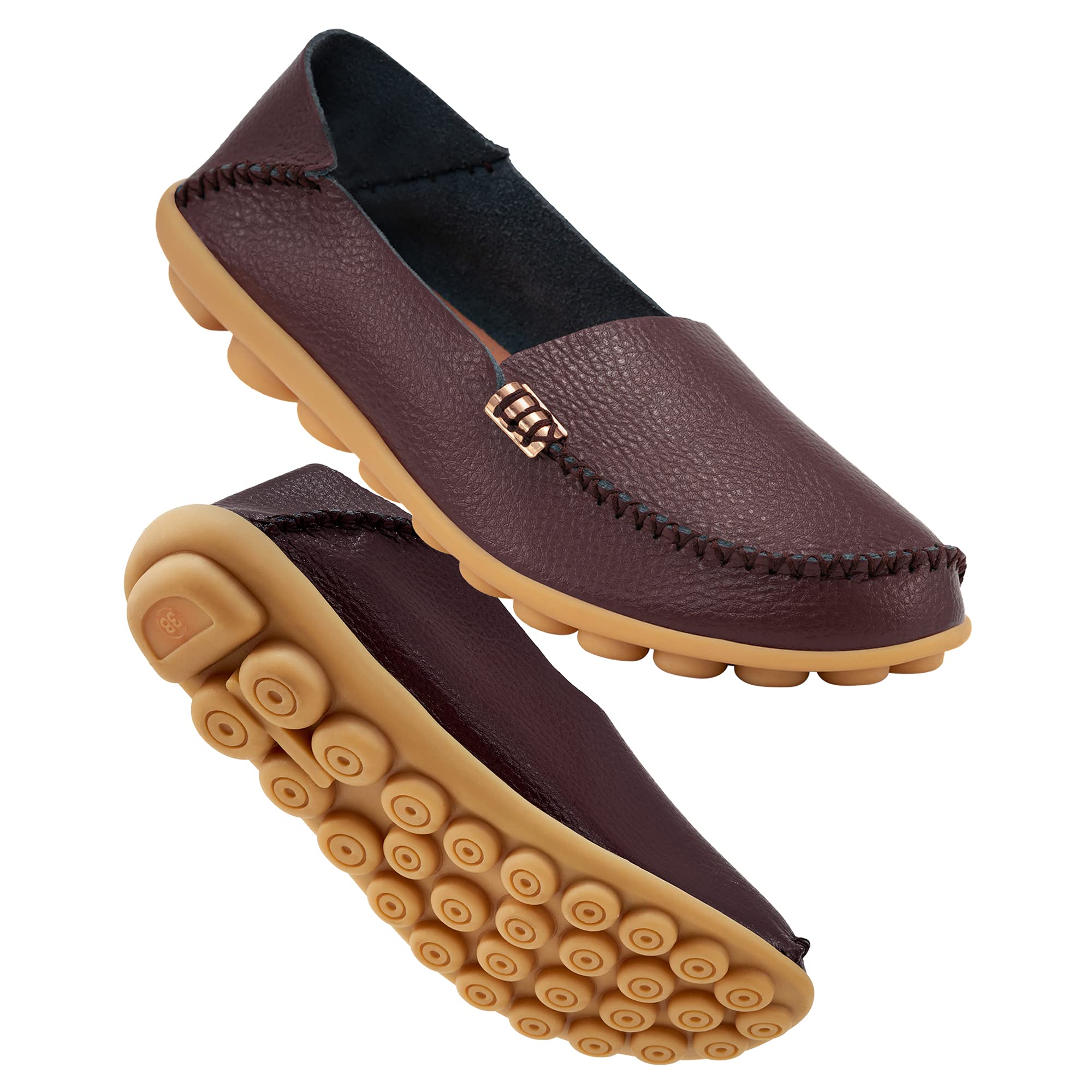 Fashion Brand Best Show Women's Comfortable Leather Loafers Casual Round Toe Moccasins Wild Driving Slip On Flats Fashion Comfortable Shoes, Brown, 41