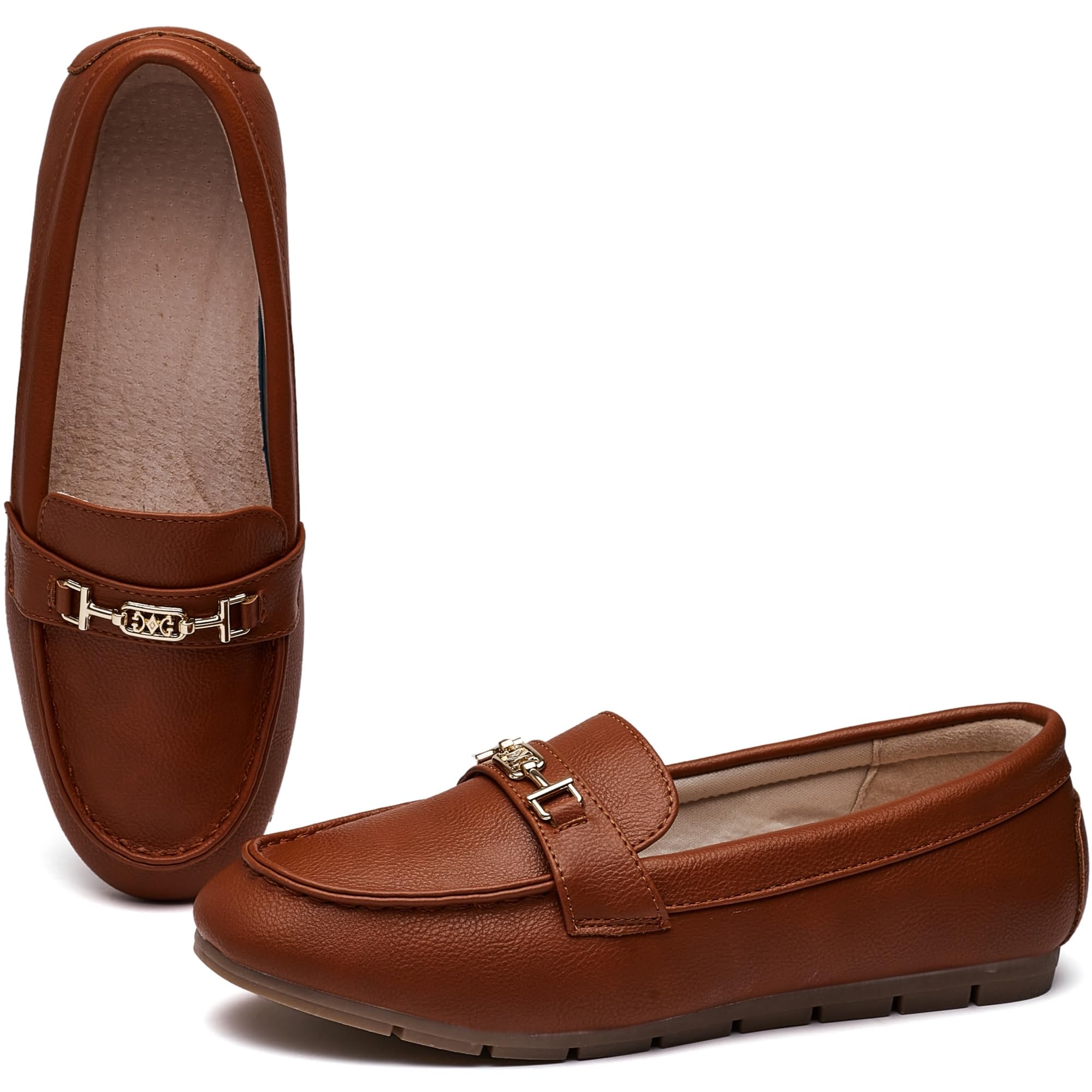 Loafers for Women Comfortable Slip On Flats with Memory Foam Insole for Daily Wearing, Brown Leather, 5.5