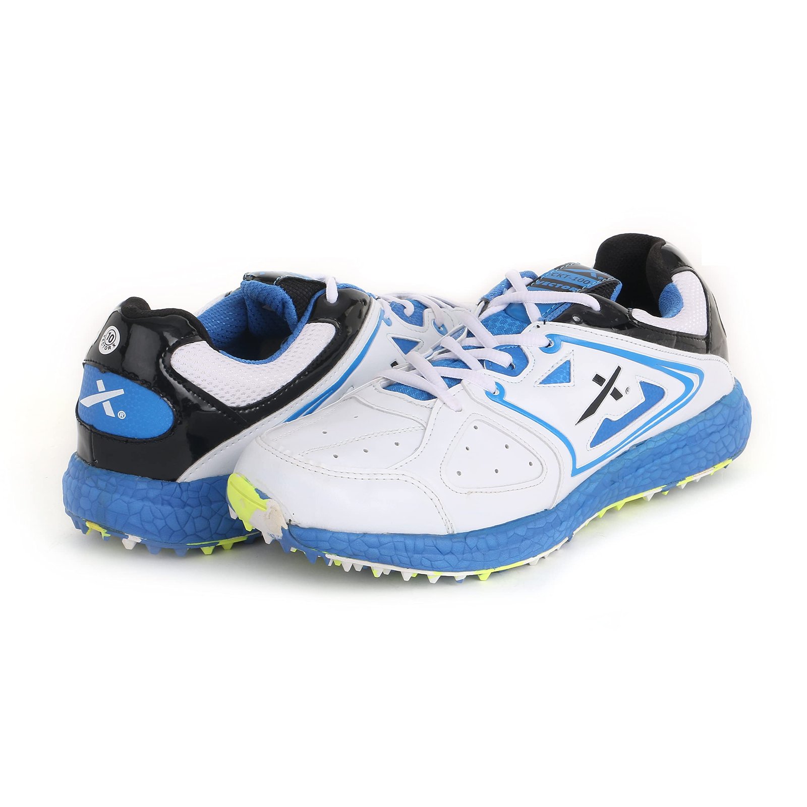KNK Cricket Rubber Spike Shoes – Unibody Durable Construction with Enhanced Rubber Studs for Hockey & Cricket (White-Black-Blue, UK Footwear Size System, Adult, Men, Numeric, Medium, 12)