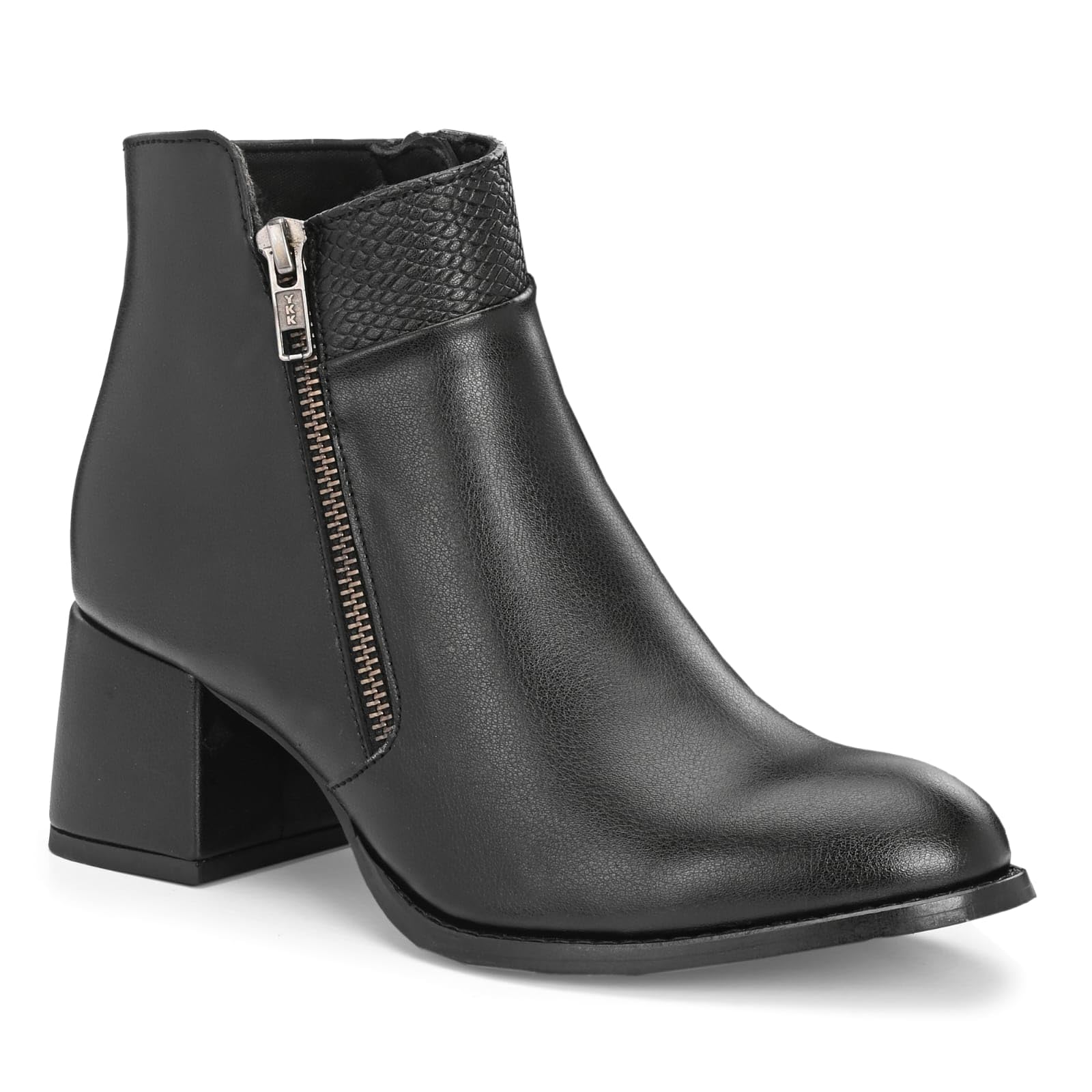 Women’s Black Ankle Boots with Side Zipper, Chunky Block Heel, Pointed Toe, Textured Collar, Stylish Fashion Booties for Casual, Office, Work, Party, Evening & Everyday Wear(5) - Image 3