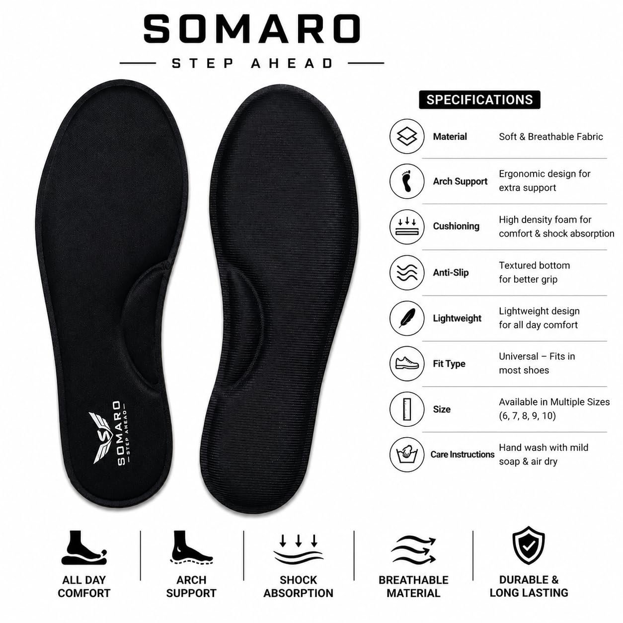 Somaro Memory Foam Shoe Insoles for Men and Women | Soft Cushioned Inserts for Long Standing and Walking | Supports Heel and Arch | Shock Absorbing | Moisture Absorbing | Lightweight Washable Insoles for All Shoes | 3 Pair | Black | Size 9 - Image 4