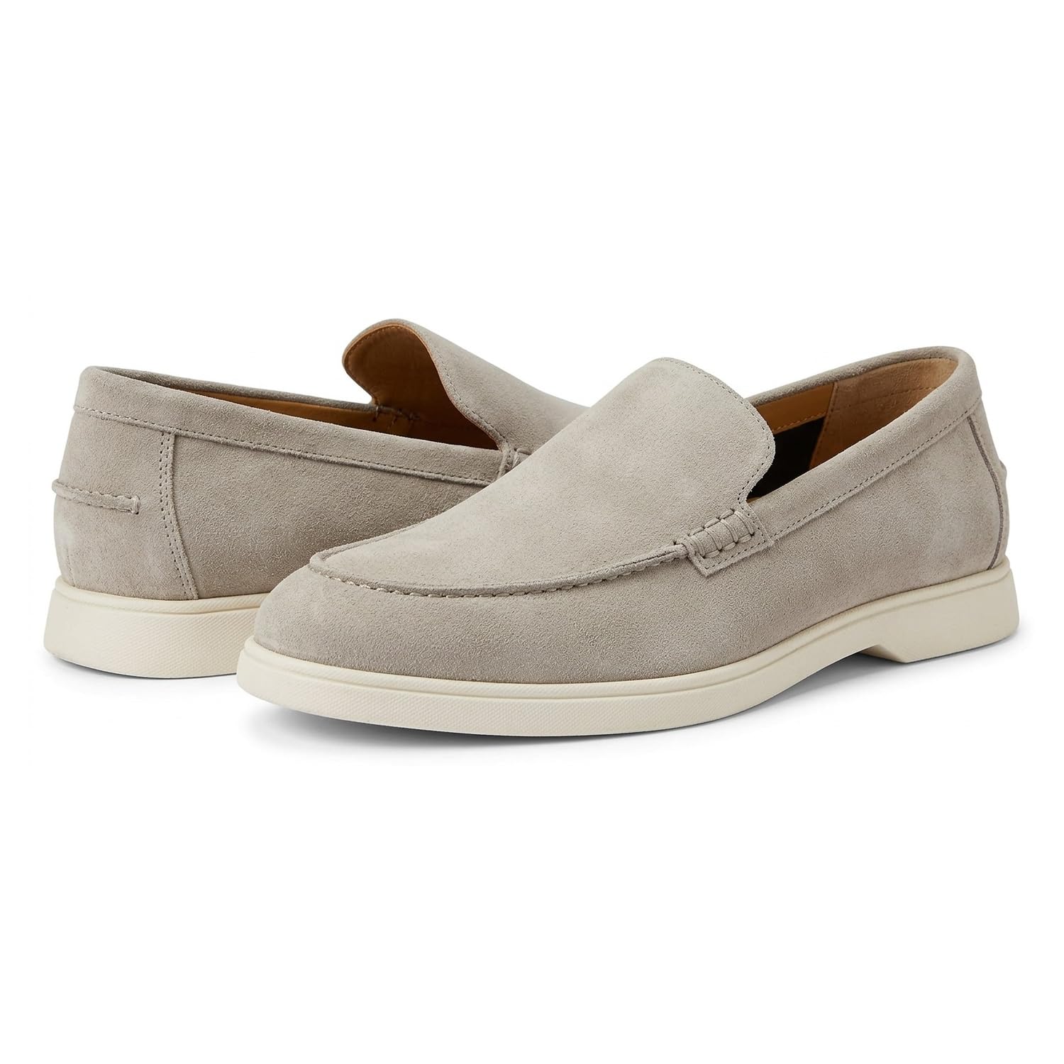 Men's Beige Suede-Look Slip-On Loafers with White Sole