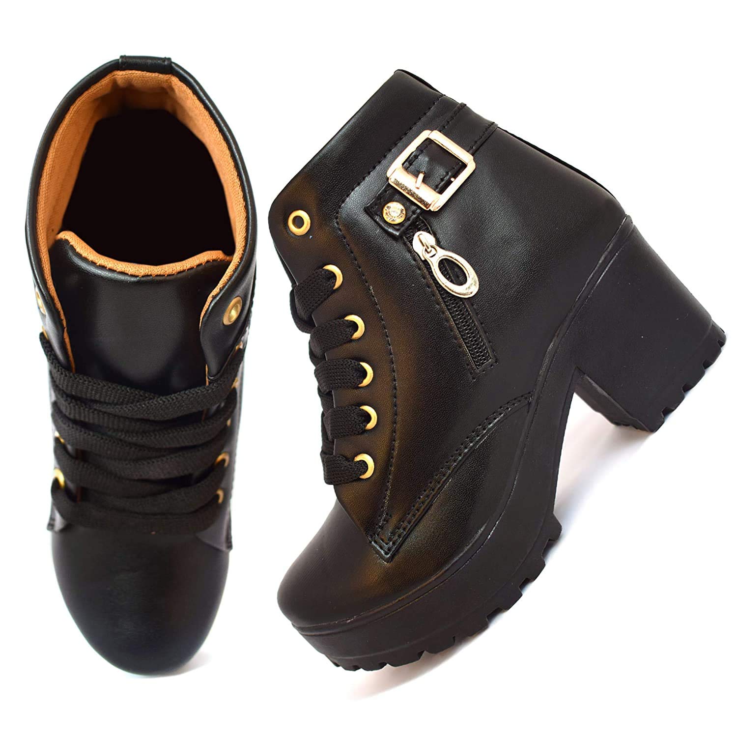Women's Tan Buckle Faux Leather Boots-LS17-Black-38 - Image 7