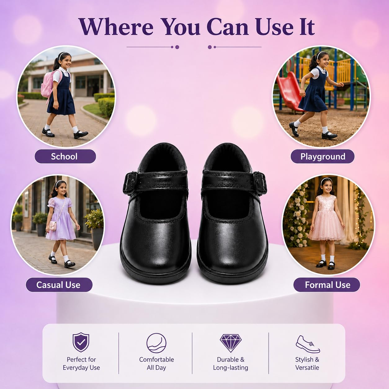 GlameurGirl Black School Shoes for Girls | Hook and Loop Strap | Closed Toe - Image 9