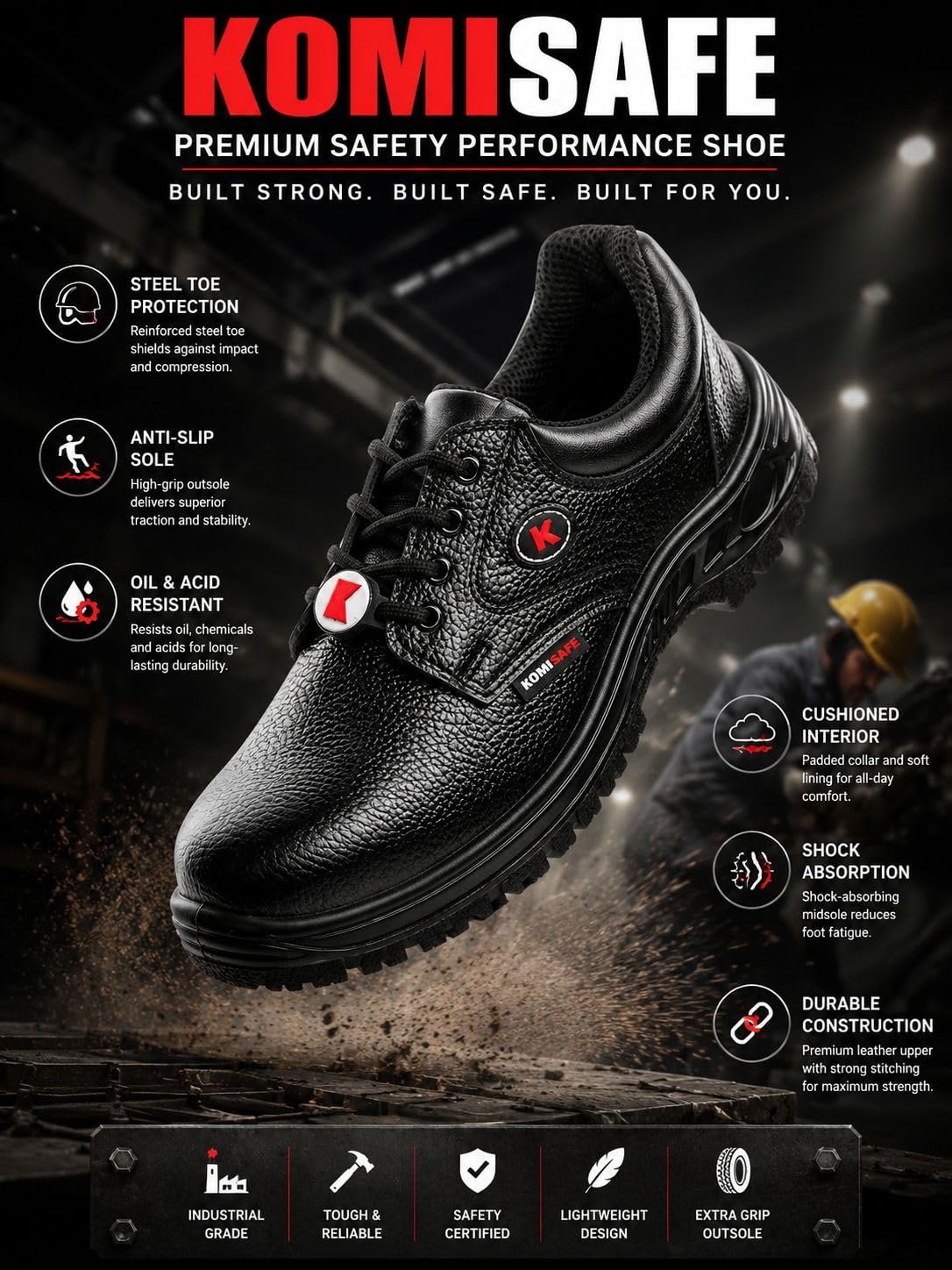 KOMISAFE Steel Toe Safety Shoes for Men | Anti Slip PU Sole | Shock Absorbing Work Shoes | Oil and Acid Resistant | Lace Up Industrial Safety Footwear | Black - Image 7
